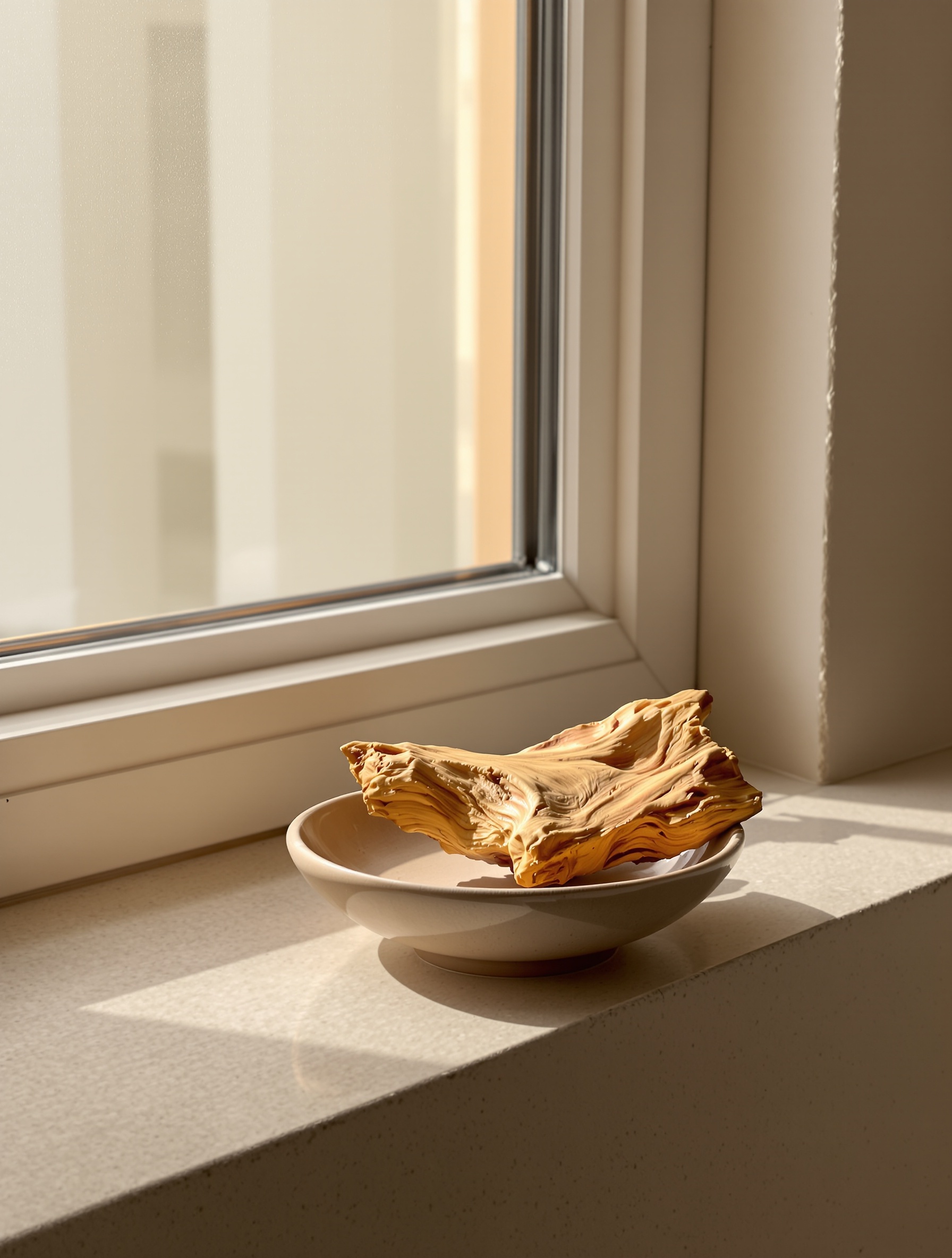 Raw polished sandalwood in a clay dish on a stone windowsill at golden hour, embodying the warm base of Blue Talisman Extrait.