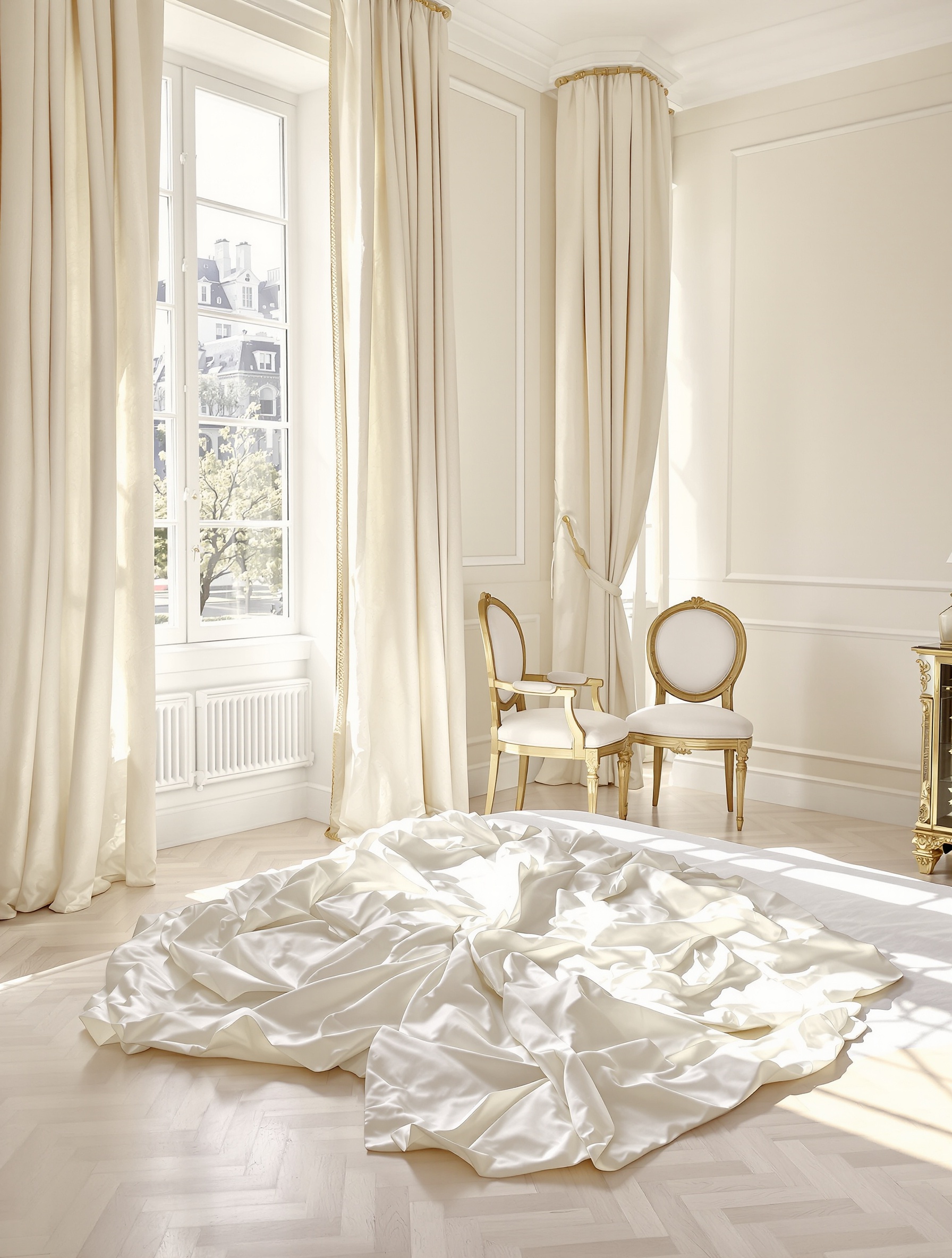 Empty sunlit bedroom with a white silk robe pooled on parquet floors beneath sheer ivory curtains, evoking Valaya's self-possessed morning radiance.