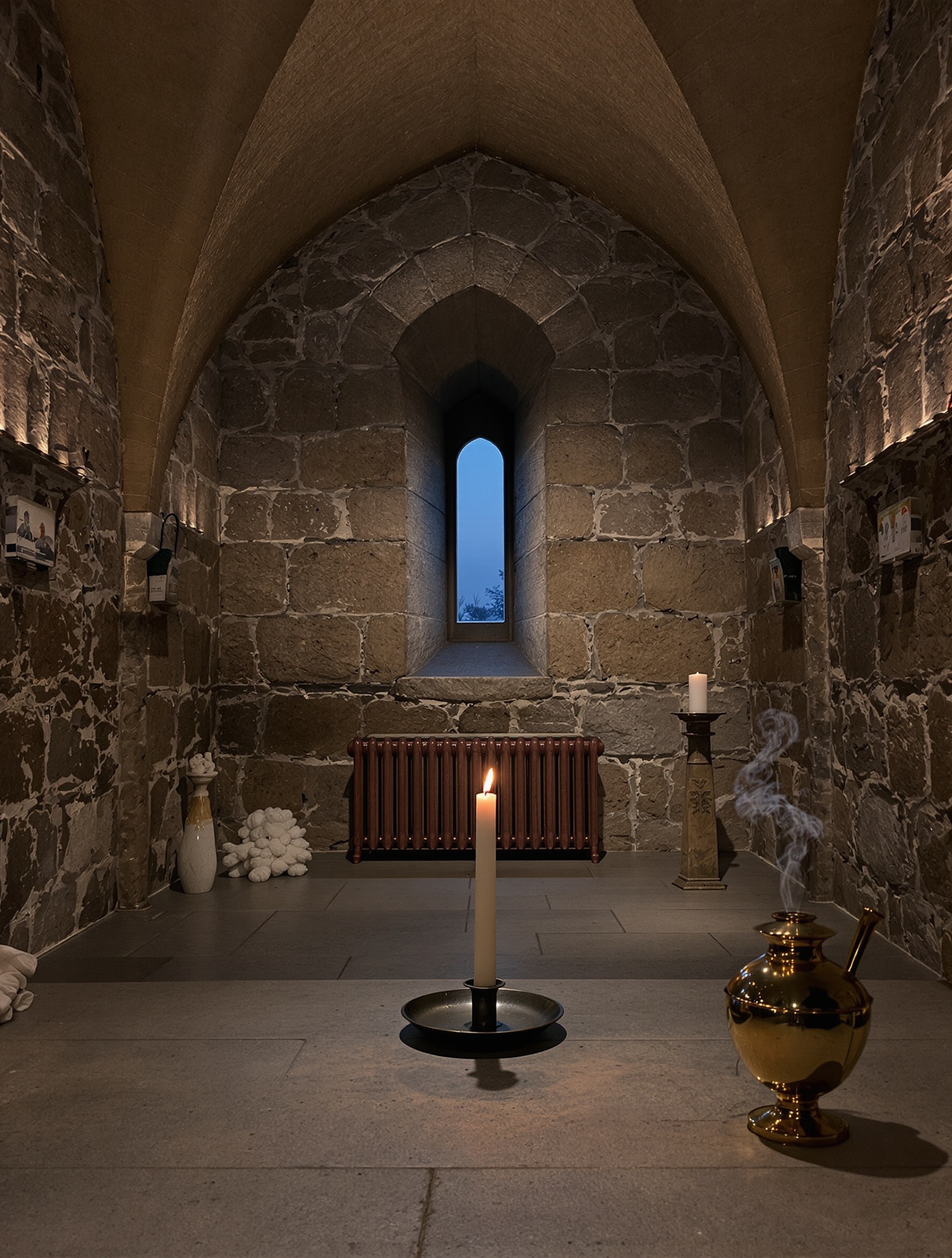 A hushed Romanesque stone chapel at dusk, a beeswax candle burning on an iron dish beside a brass censer releasing a thread of smoke, blue window light meeting warm golden flame.