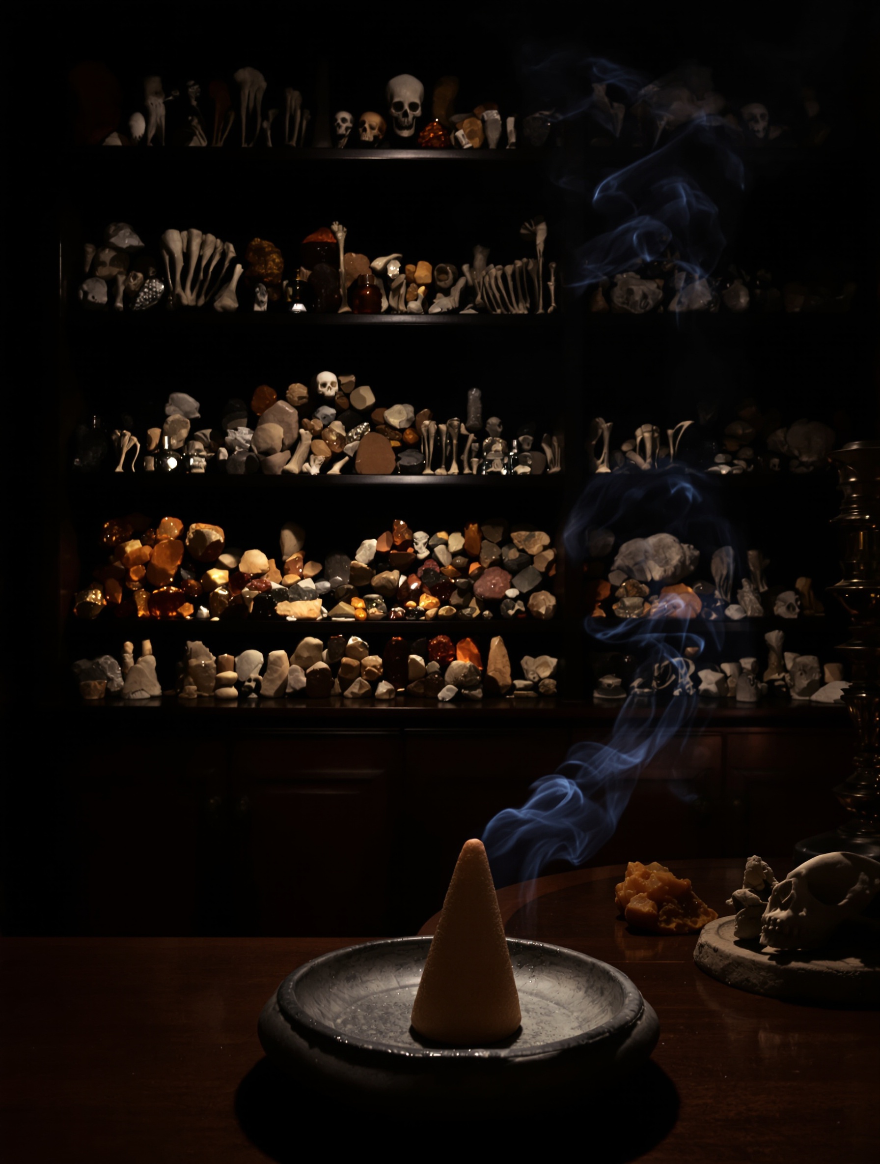 A dim specimen room with cade smoke and fossil bones evoking the sacred-grief mood of Zoologist Tyrannosaurus Rex.