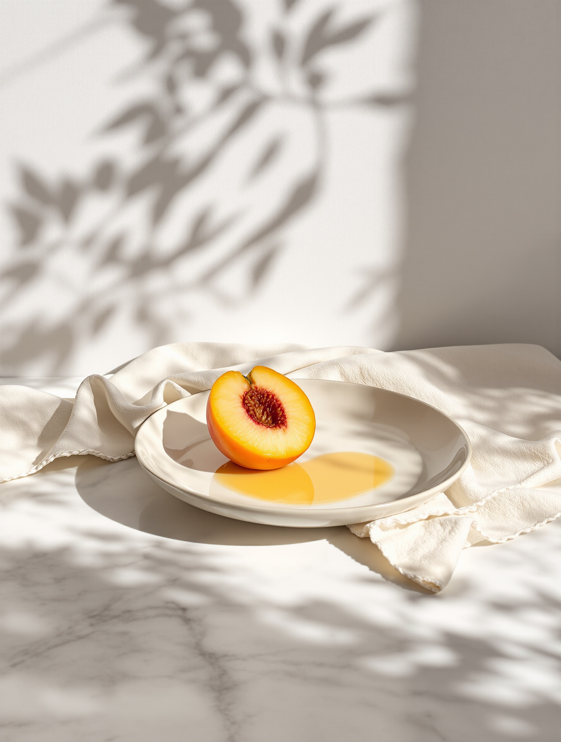 A sun-warmed peach half on an ivory plate with pooling golden juice, beside folded cream linen on white marble, soft leaf shadows on the wall behind.