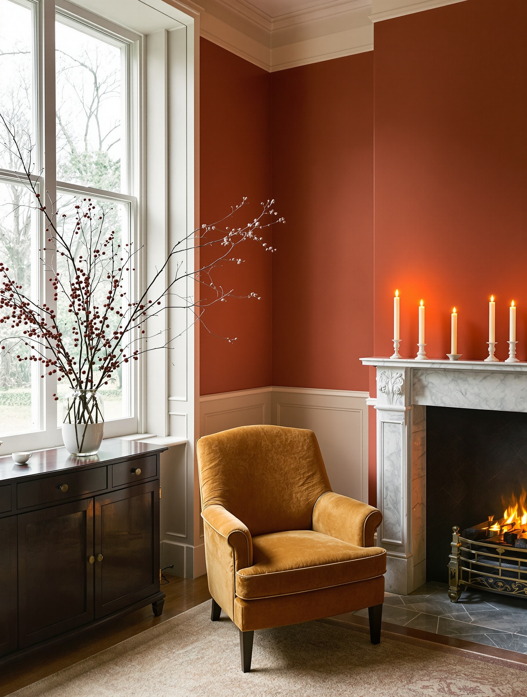 A sunlit Georgian drawing room with taper candles, a velvet amber armchair, and warm terracotta walls creating a quietly radiant, intimate atmosphere.