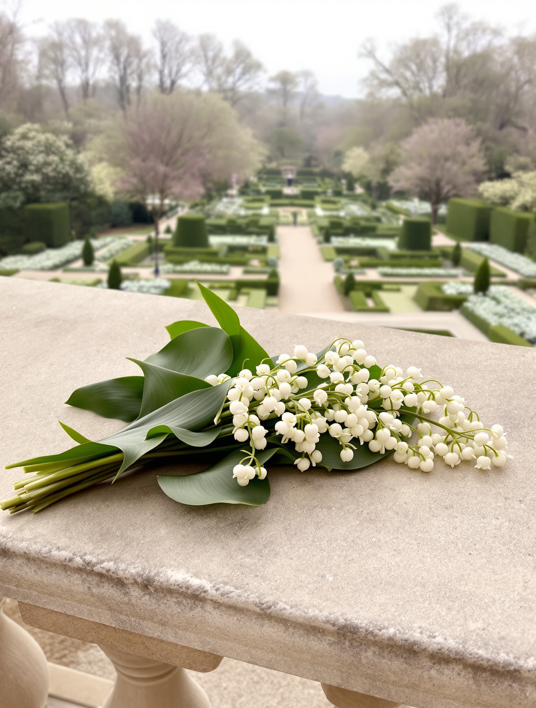 Wet lily of the valley stems resting on a sun-warmed stone terrace balustrade above a formal spring garden, evoking Valaya's clean floral edge.