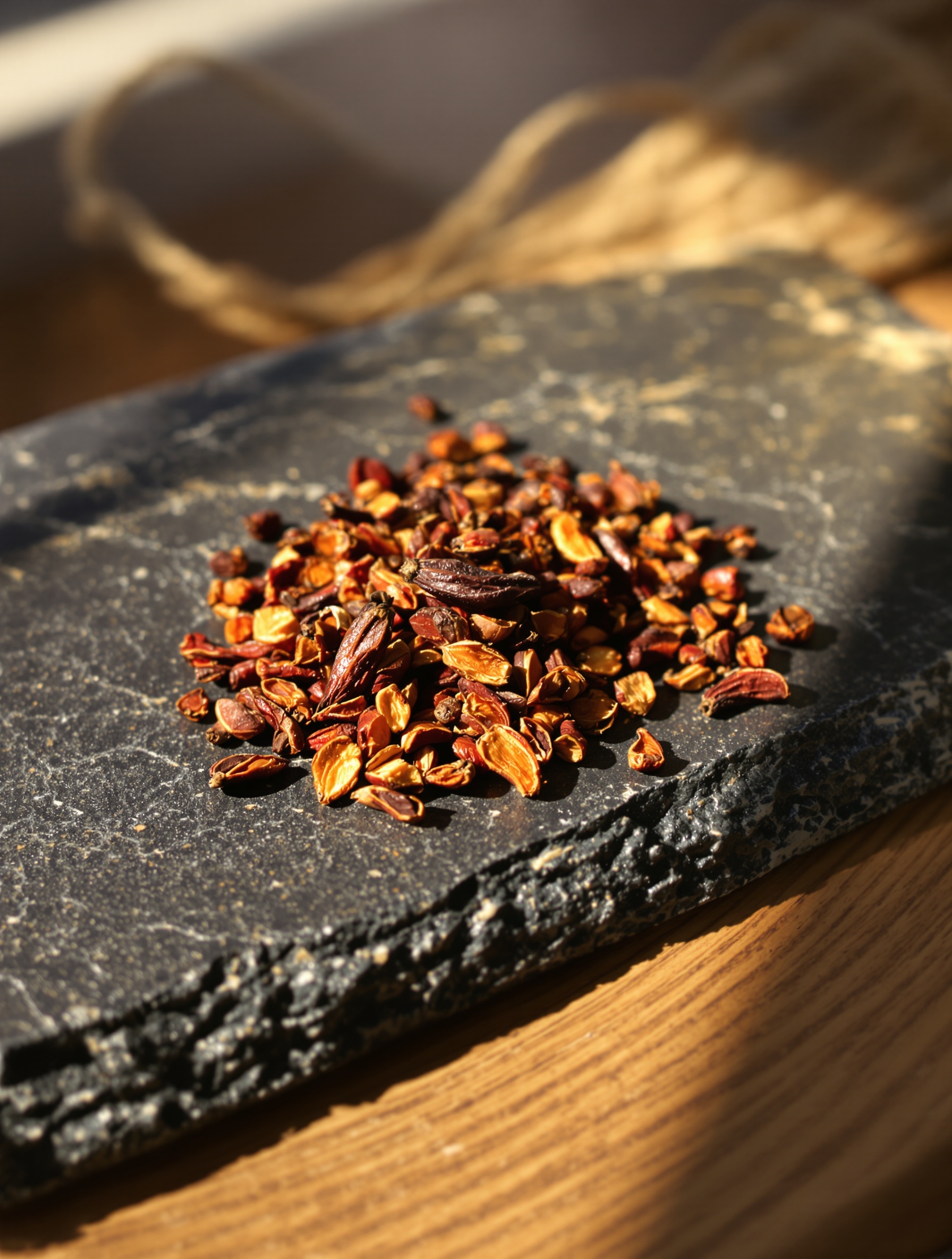 Jamaican pimento berries and cloves on dark volcanic stone, the literal aromatic soul of Hypnotizing Fire.