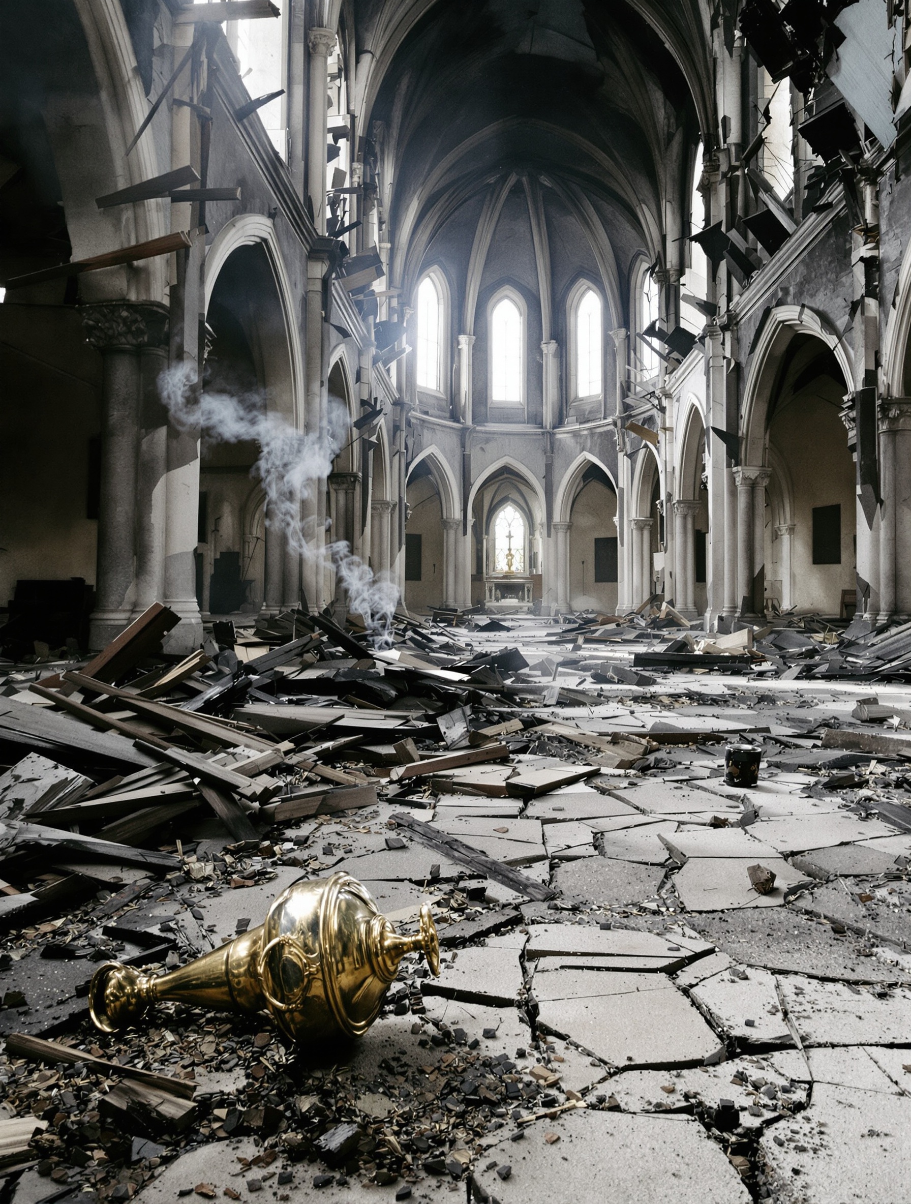 A real-feeling documentary photograph of a fire-gutted cathedral interior, an overturned brass censer smoking faintly amid ash and debris on a cracked stone floor, cold daylight falling through ruined arches.