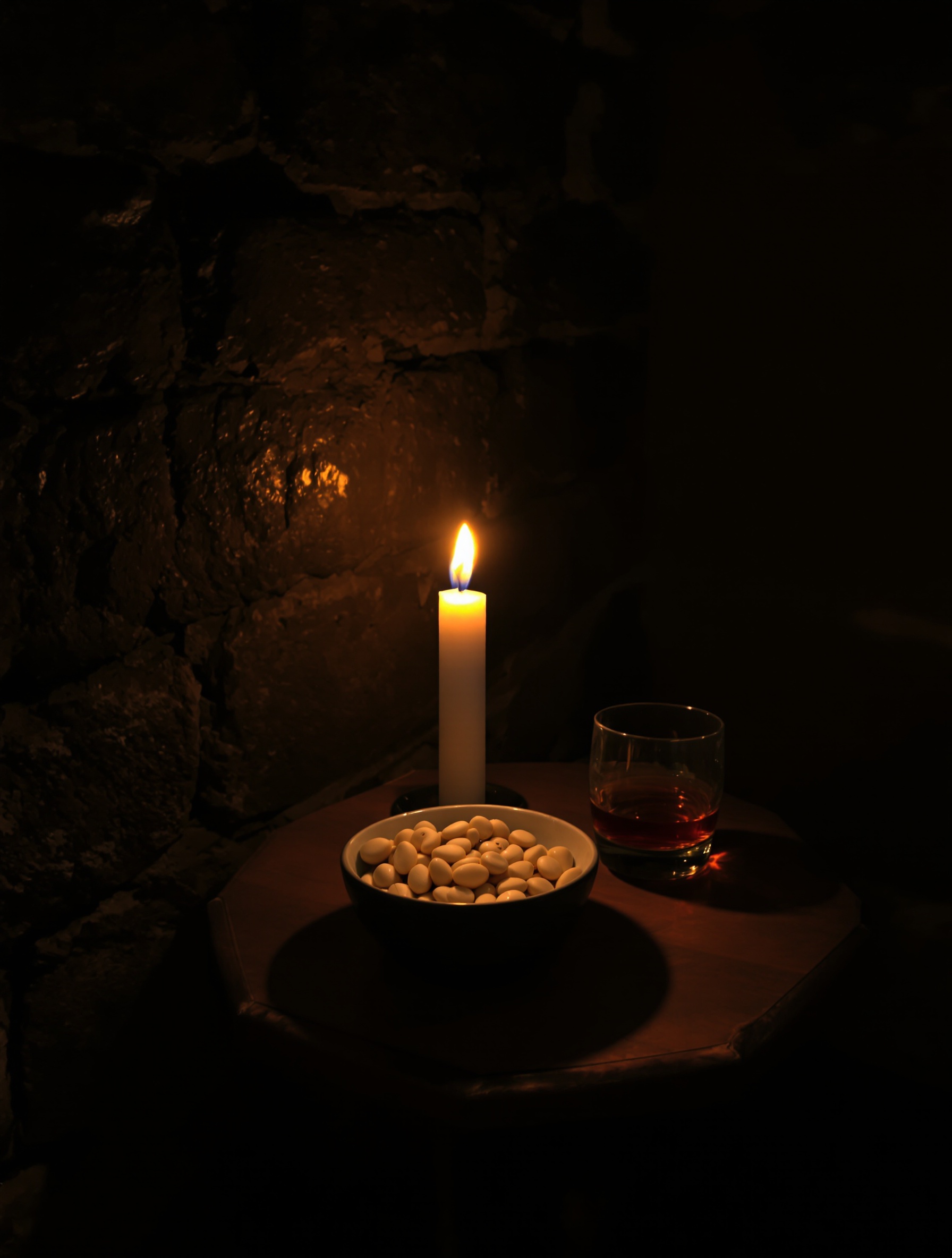 Tonka beans in a ceramic bowl beside an unfinished glass of almond liqueur on a candlelit stone table, the warm heart of Myrrh & Tonka.