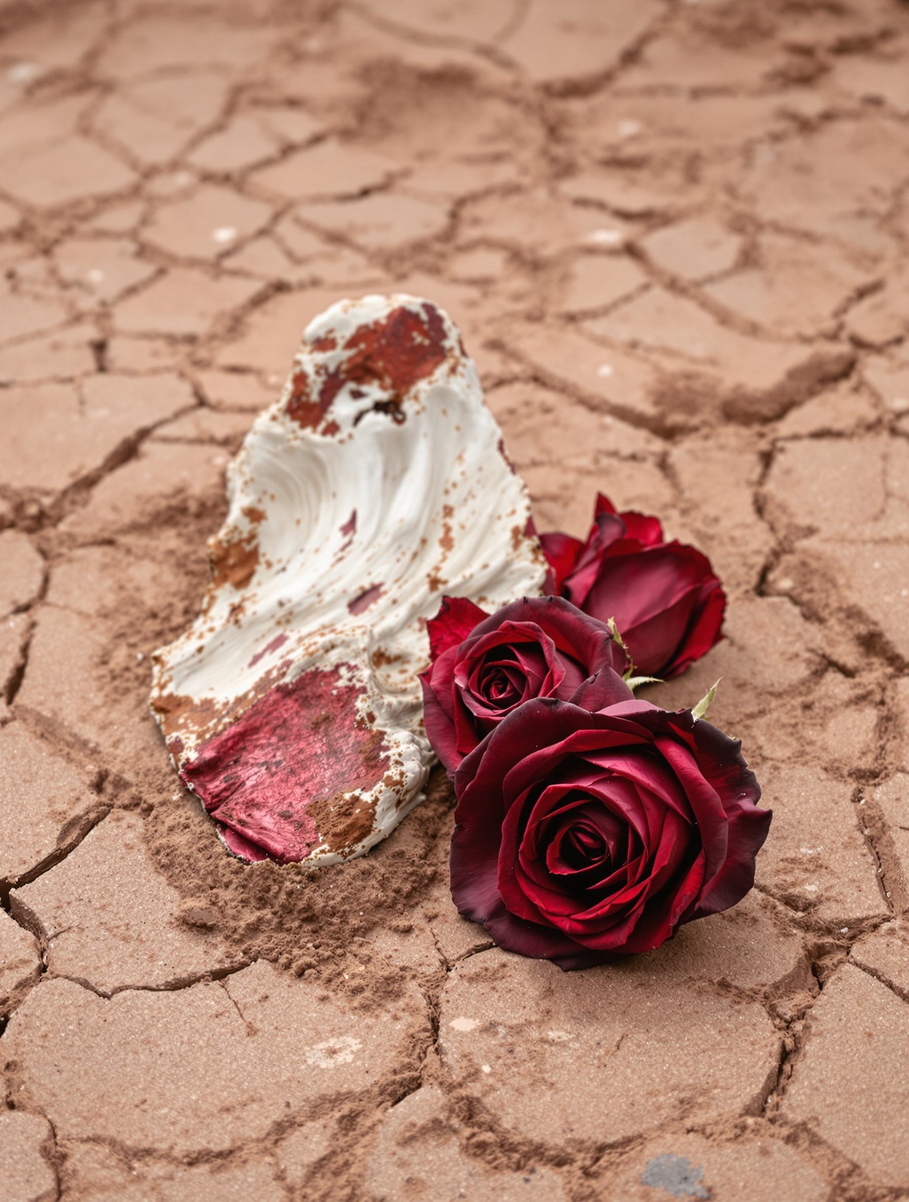 Deep crimson roses rest against a pale fossil bone fragment on cracked red clay earth under flat overcast light, evoking something ancient and irretrievably lost.