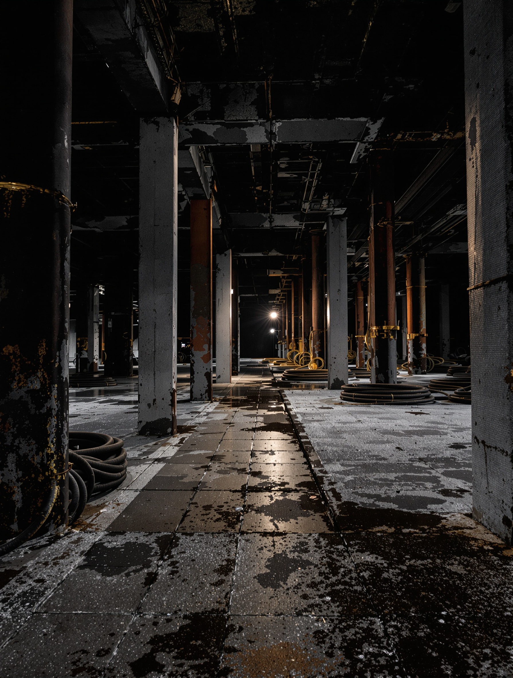 The interior of an abandoned factory at 3am, frost and rubber and cold light making the air itself visible, evoking The Void by The Antagonist.