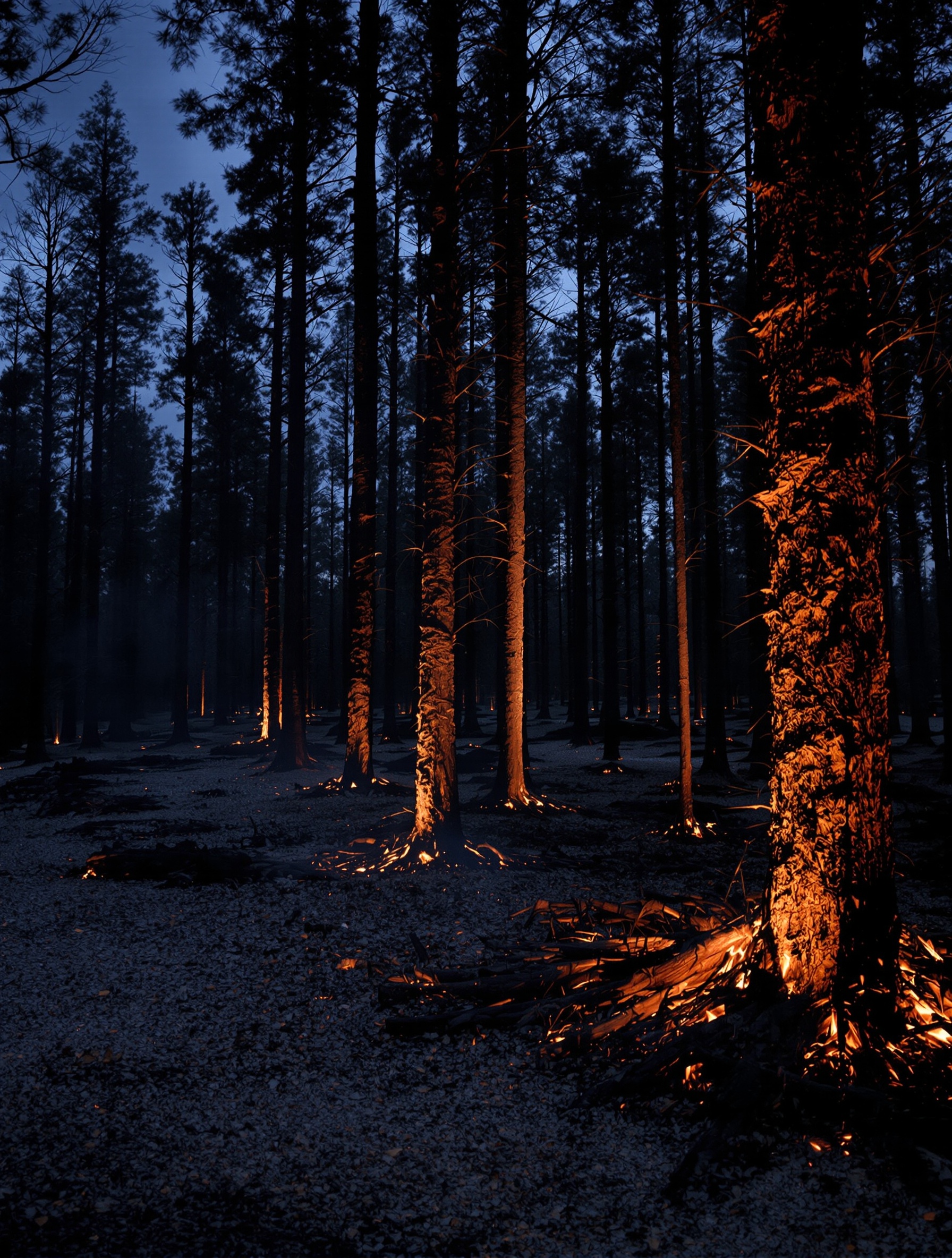 A carbonized forest floor at blue-hour twilight, the final elegy image for Zoologist Tyrannosaurus Rex.