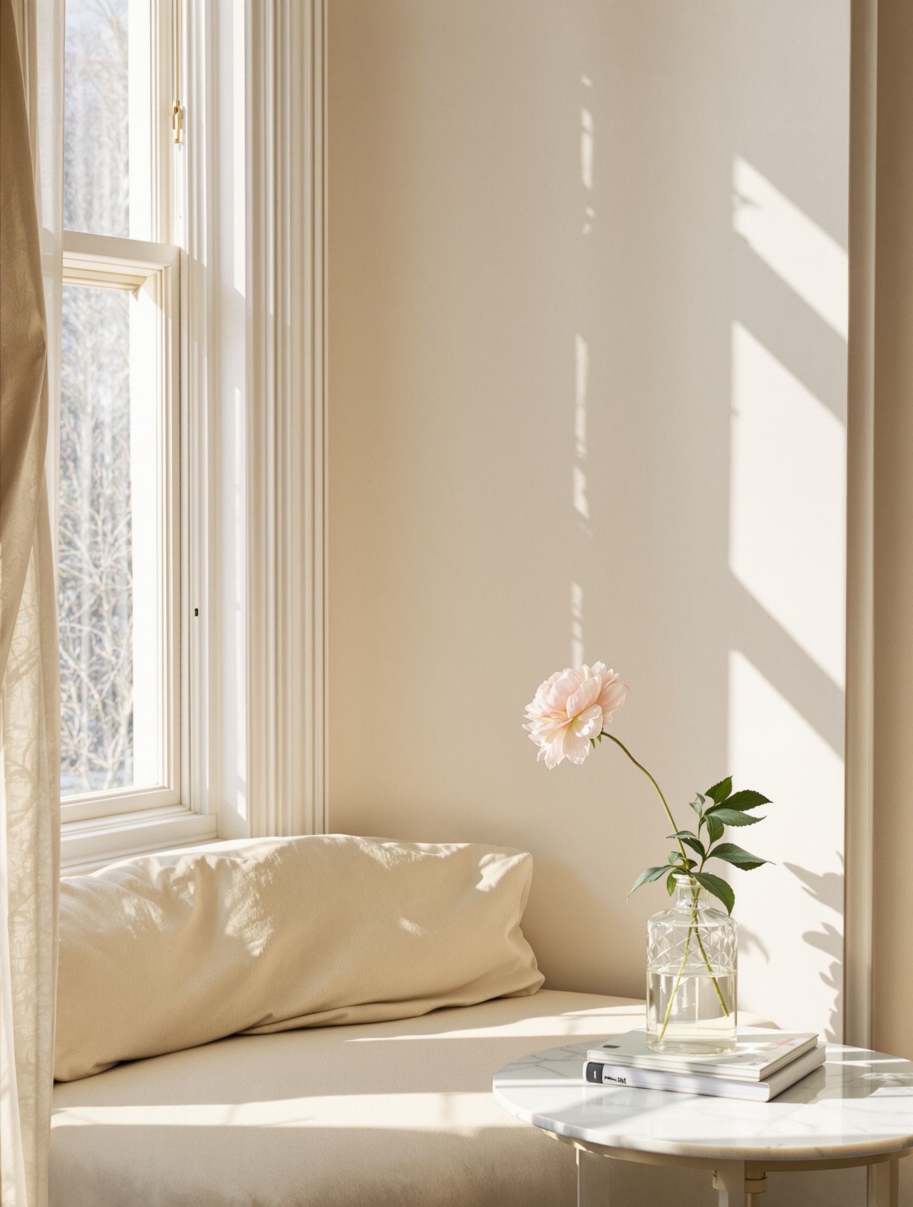 A Georgian bay-window alcove bathed in grainy morning light, rumpled cream linen on a bench and a half-open peony on marble suggesting a radiant presence just gone.