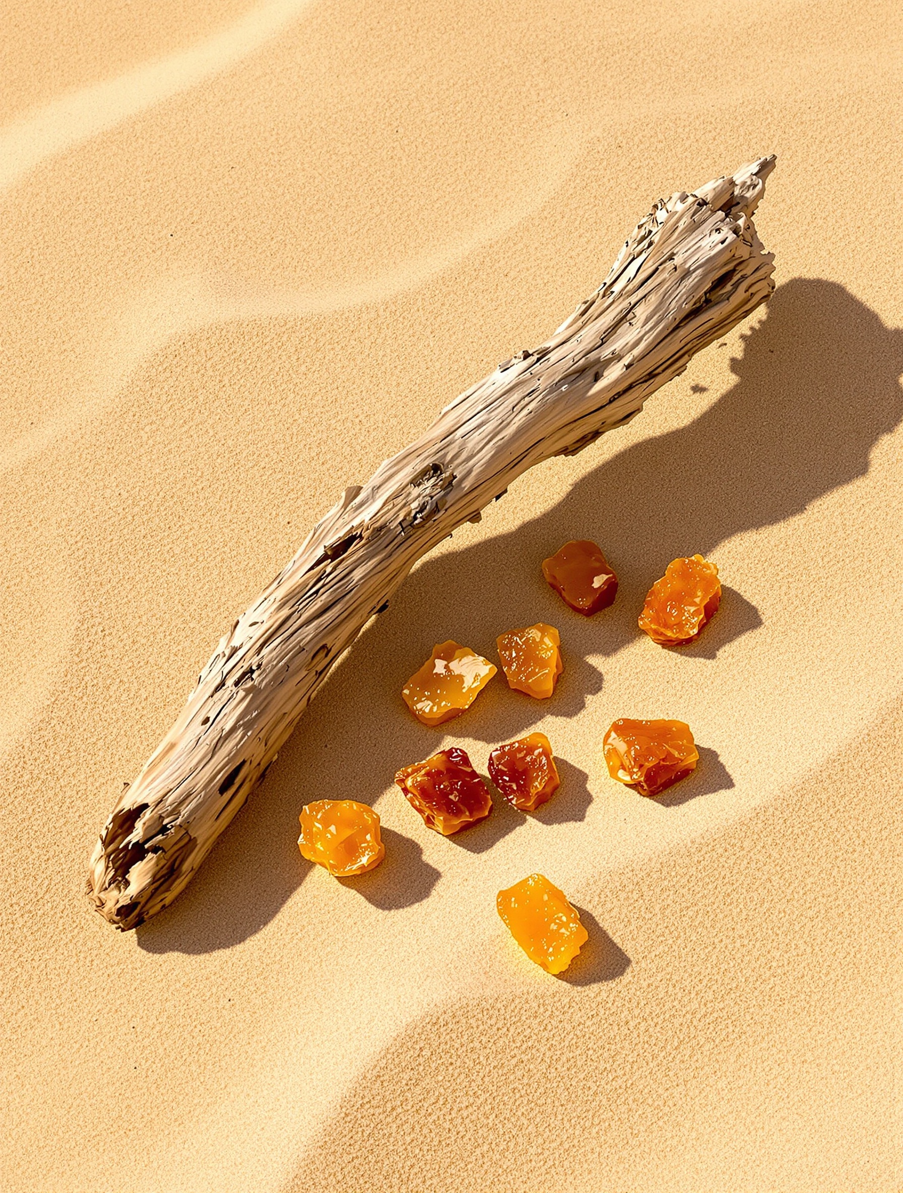 A weathered resinous branch and scattered amber myrrh tears rest on open pale desert sand in generous late-afternoon light.