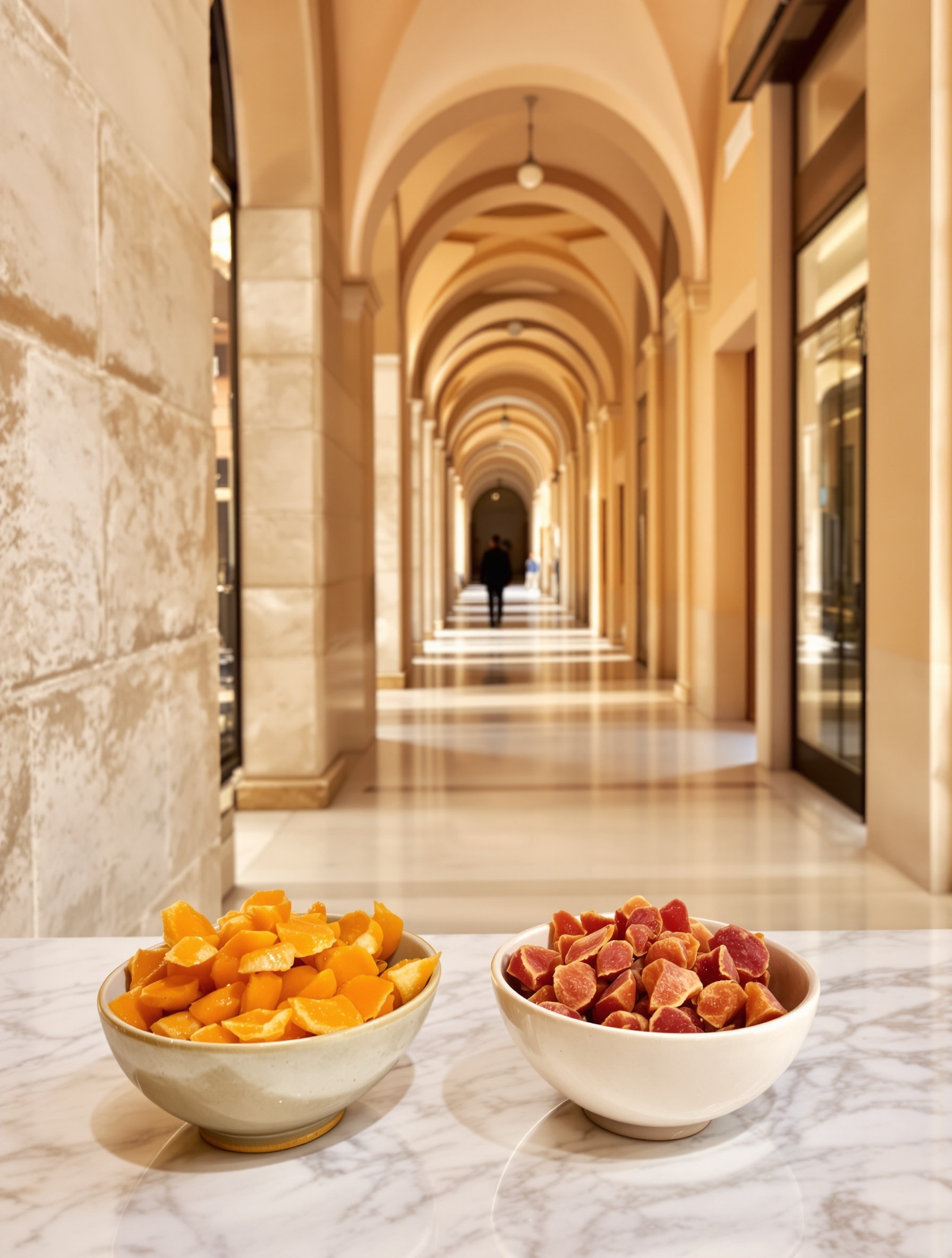 A sunlit Bologna arcade with candied citrus peels and blood oranges on a marble counter, evoking the warm nostalgic soul of Lira by Casamorati.