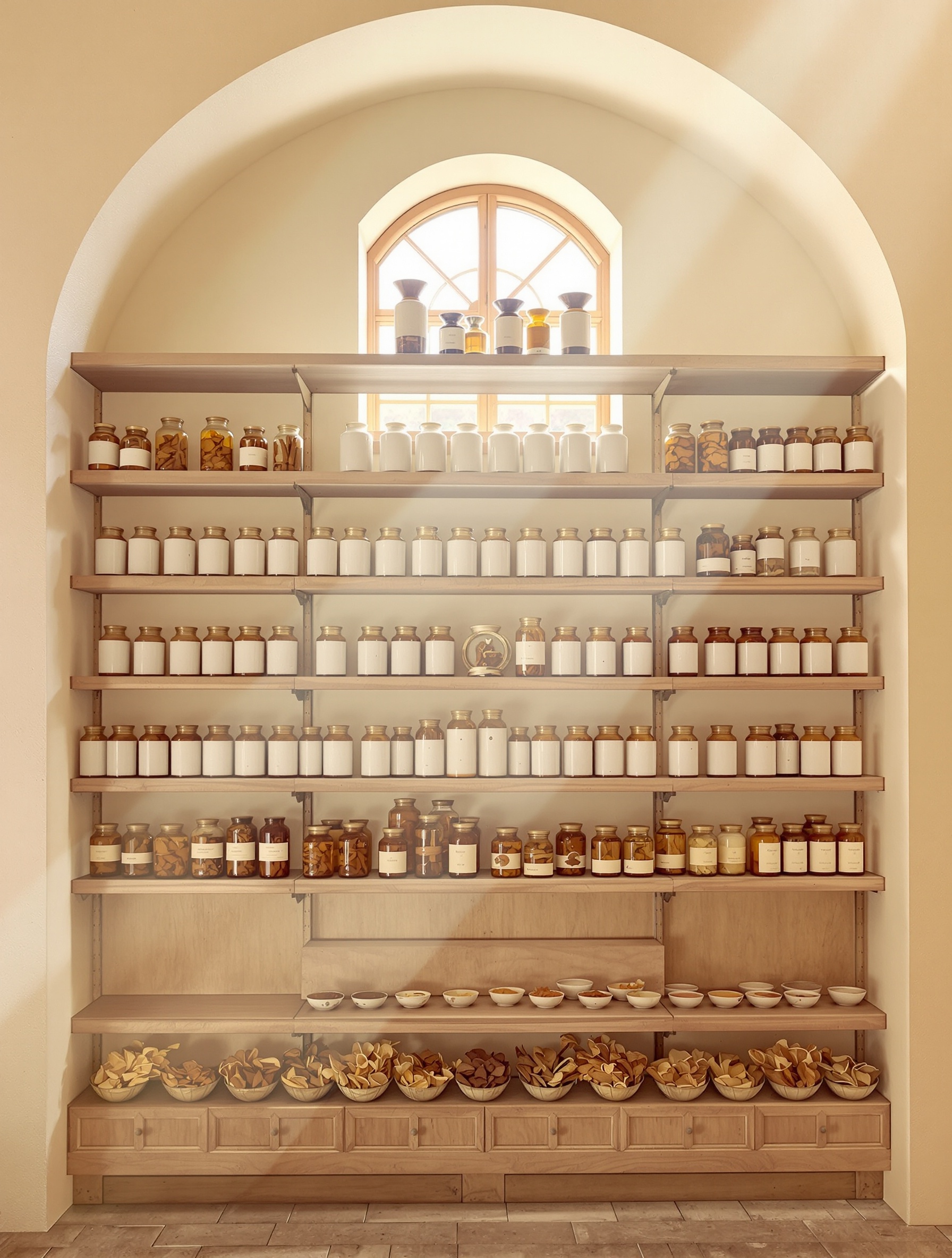 Warm apothecary shelves lined with cinnamon, vanilla, and candied peel in late Italian sun, capturing the handmade confection spirit of Lira.