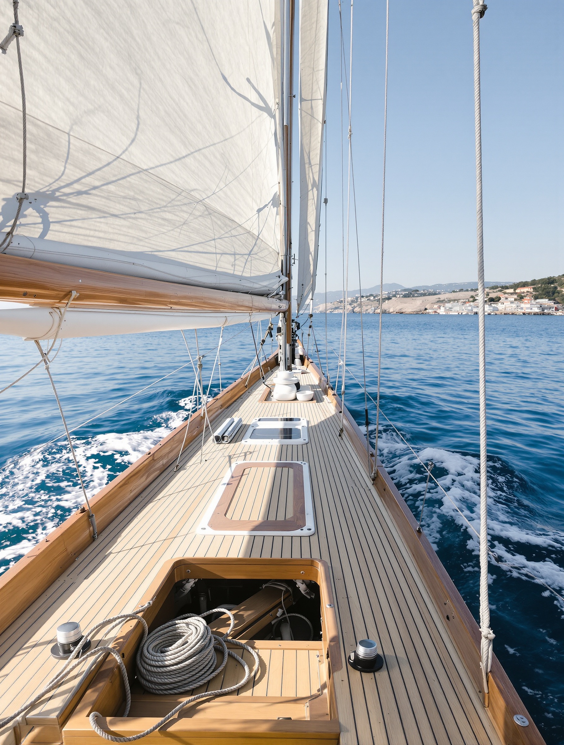 The bleached teak deck of a narrow vintage racing yawl on open Mediterranean water, evoking the precise luminous world of Tiziana Terenzi Dorade.