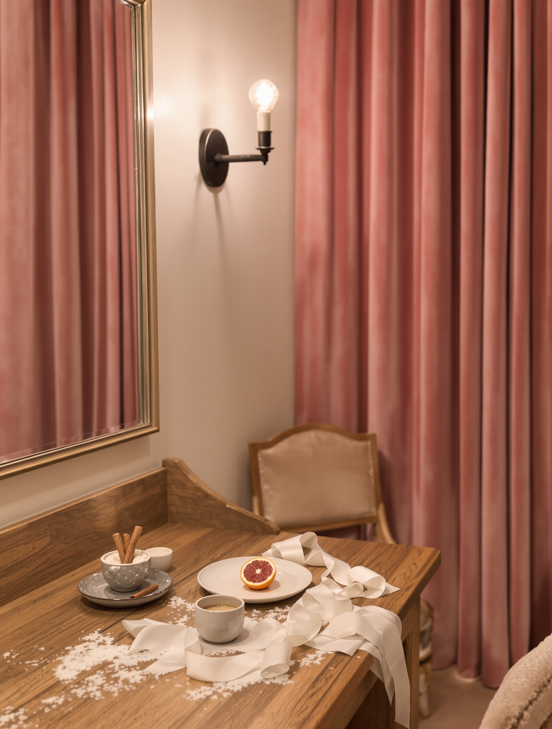 An empty backstage dressing table set with blood orange, cinnamon, and velvet ribbon, channeling the period seduction story behind Lira by Casamorati.
