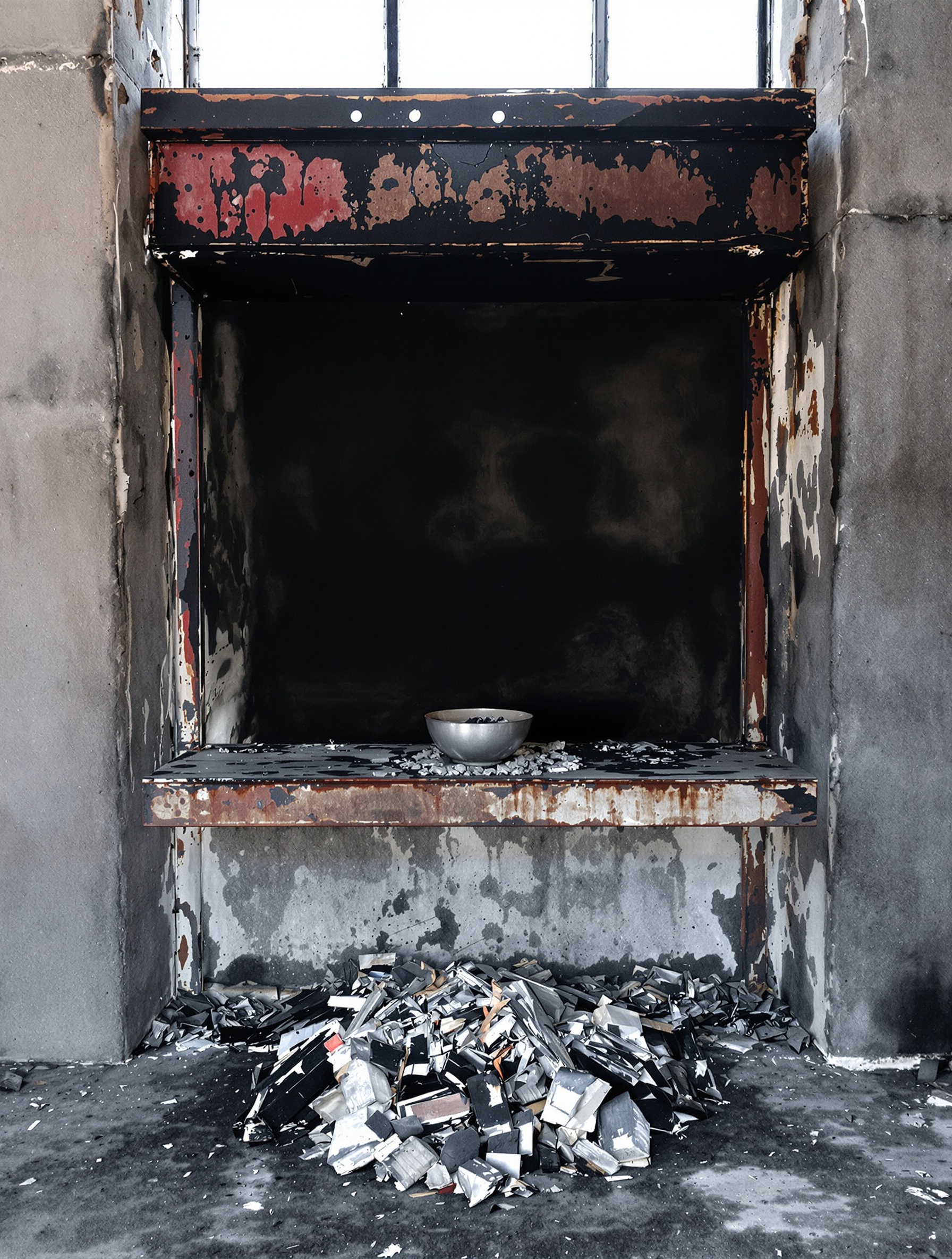 A rusted iron shelf holding a plain metal bowl of cold ash inside a derelict building at pre-dawn, the sacred and the industrial sharing one altar, for The Void by The Antagonist.