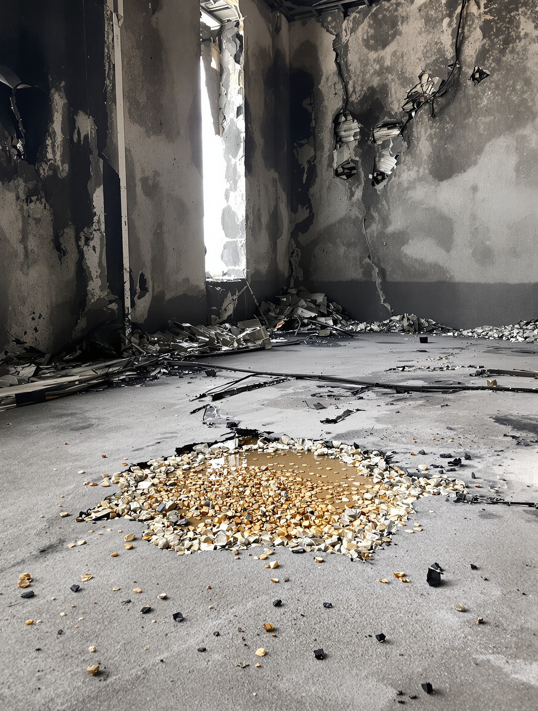A wide forensic view of a scorched industrial concrete floor with scattered resin granules and a cracked amber myrrh pool surrounded by ash and char, lit by cold daylight through a broken window.
