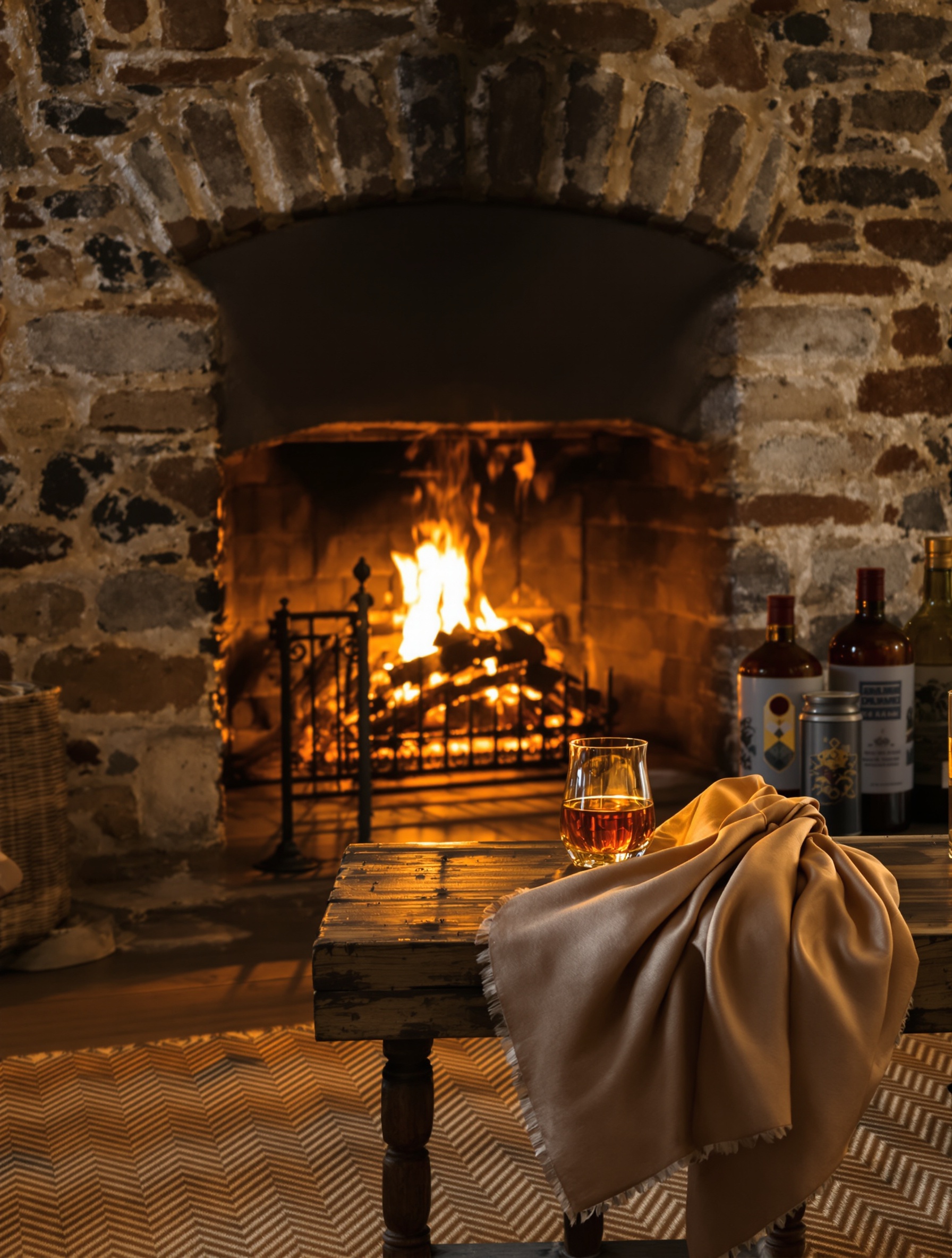 A warmly lit stone sitting room at dusk with a crackling fire, a glowing cognac glass, and a pooled silk scarf on a herringbone rug.
