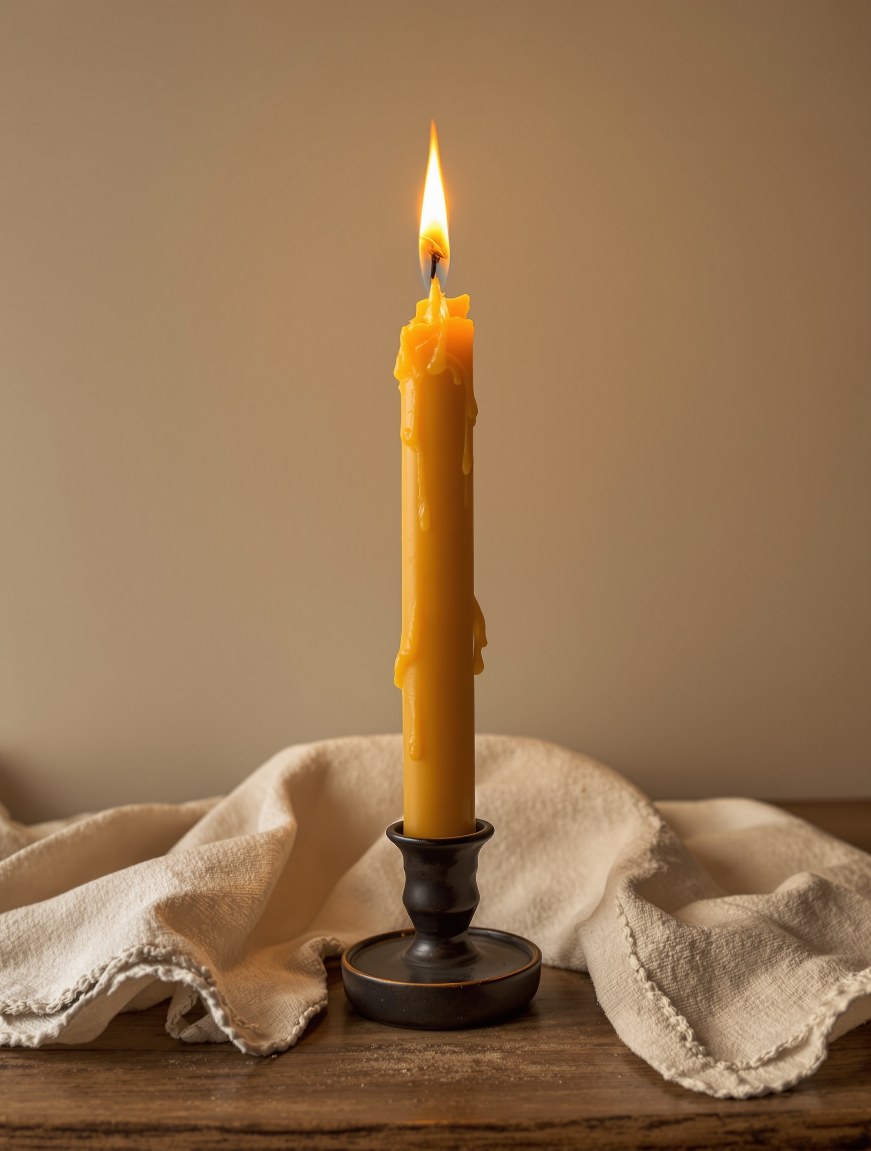 A half-burned beeswax taper glows with a steady amber flame in a plain ceramic holder on a warm wooden table, its dripped wax trails catching the light against deep shadow.