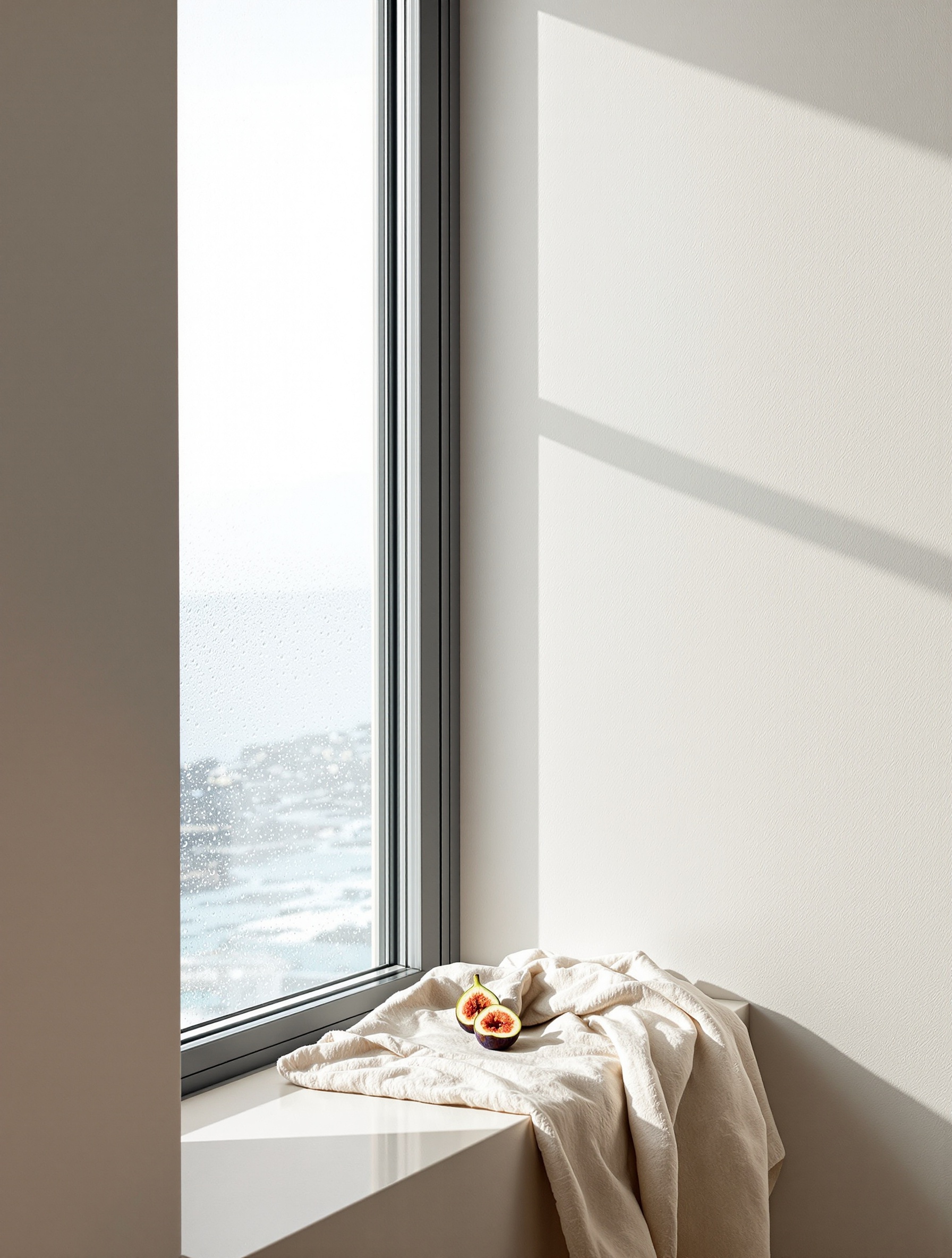 A condensation-fogged glass architectural corner at California dawn with a cut fig on the sill, capturing the translucent morning mood of Pacific Chill.