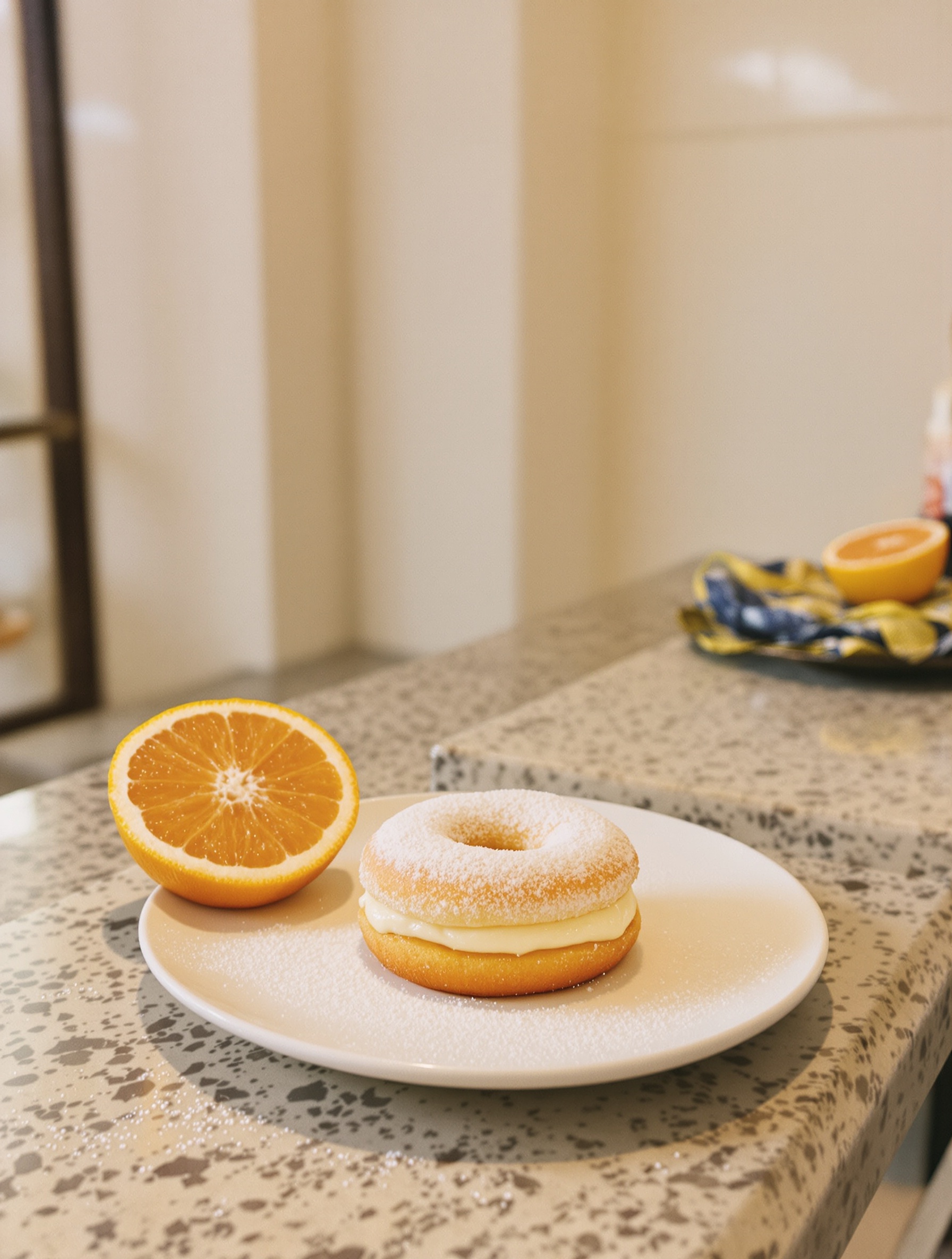 A cream-filled doughnut dusted with powdered sugar beside a halved blood orange on a worn stone counter in soft morning light inside an Italian pasticceria.