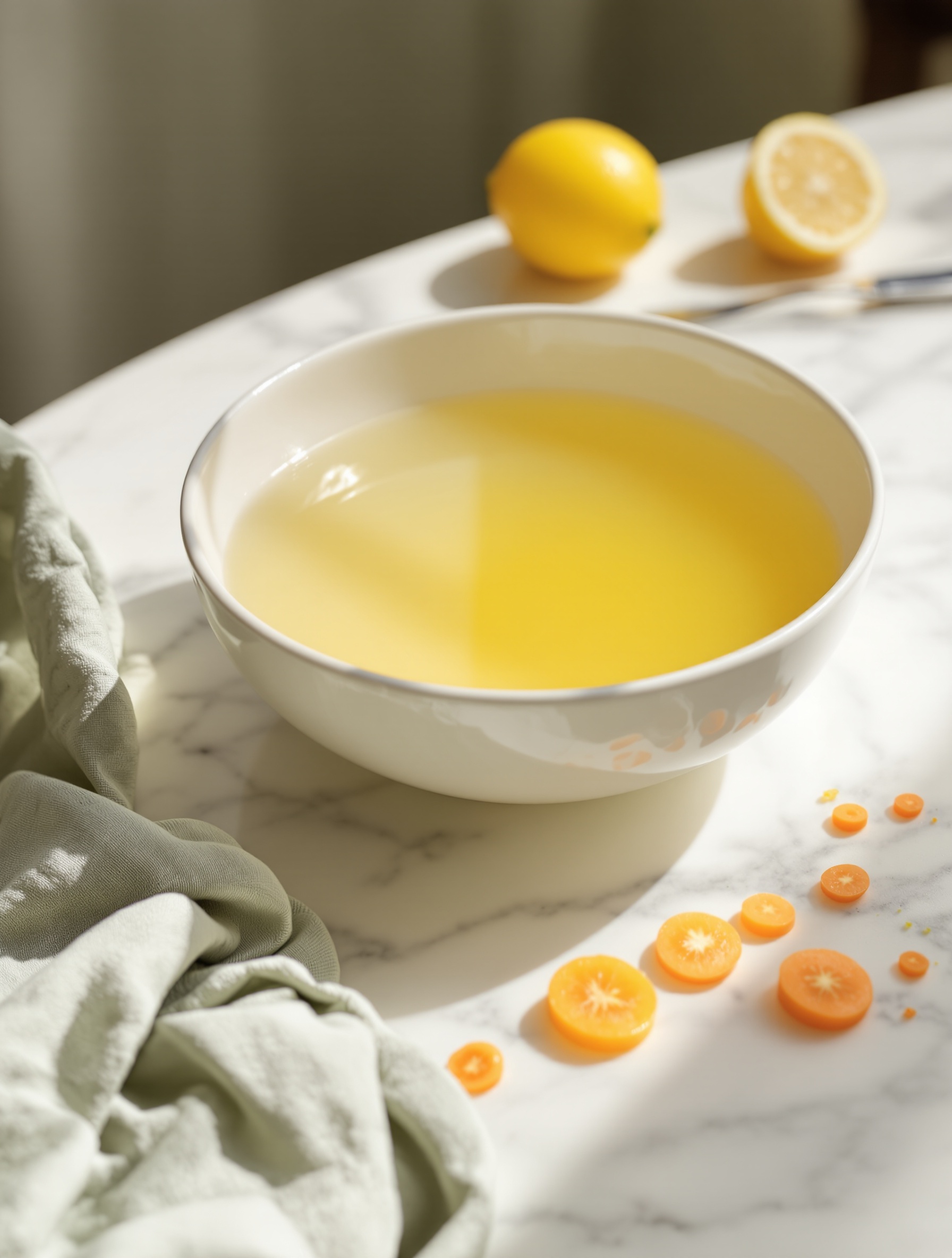 A wide ceramic bowl of cold-pressed juice glowing in coastal morning light on white marble, distilling the green-juice ritual at the heart of Pacific Chill.