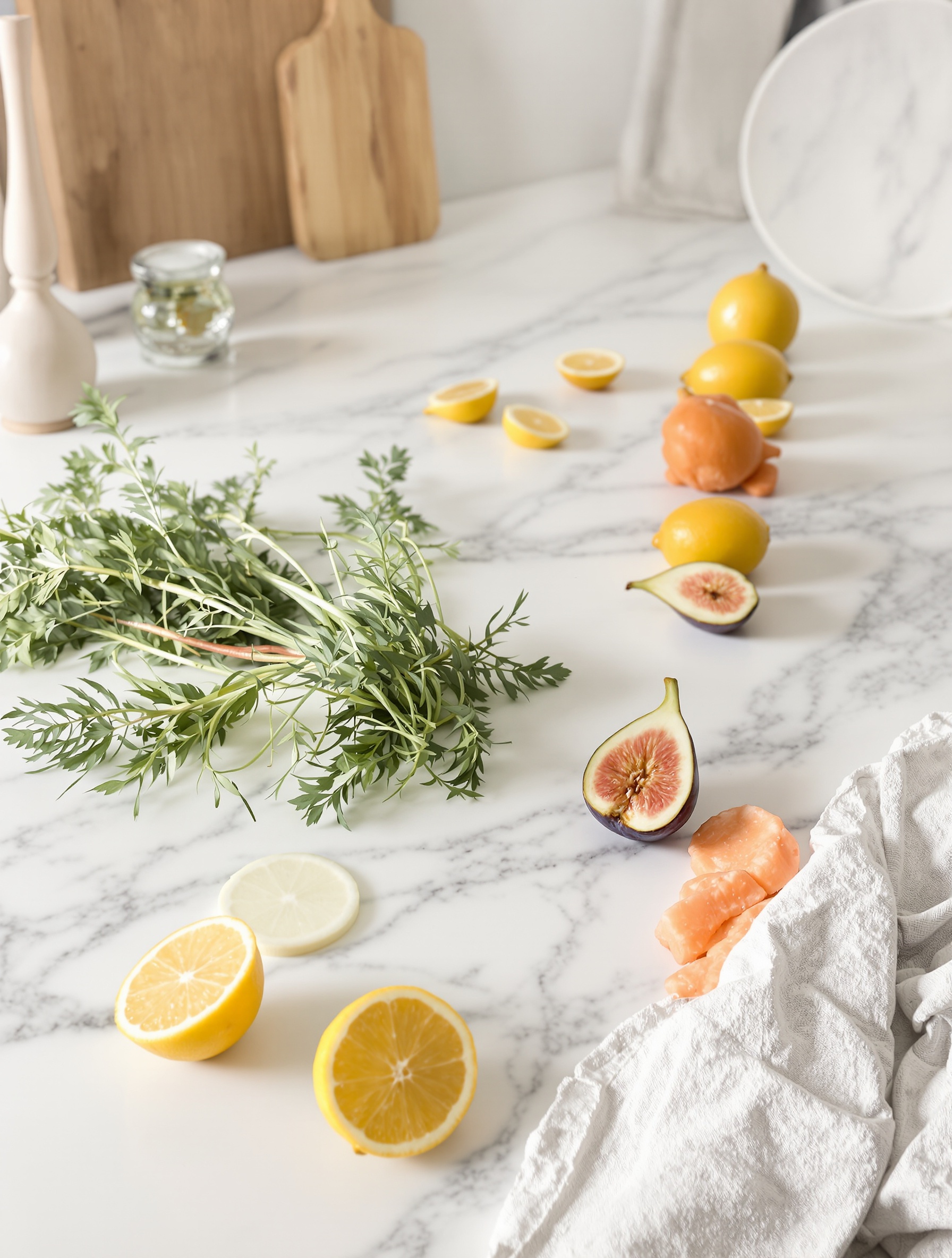 Fresh carrot tops, lemons, and figs on white marble in a sunlit California kitchen, grounding the botanical heart of Pacific Chill.