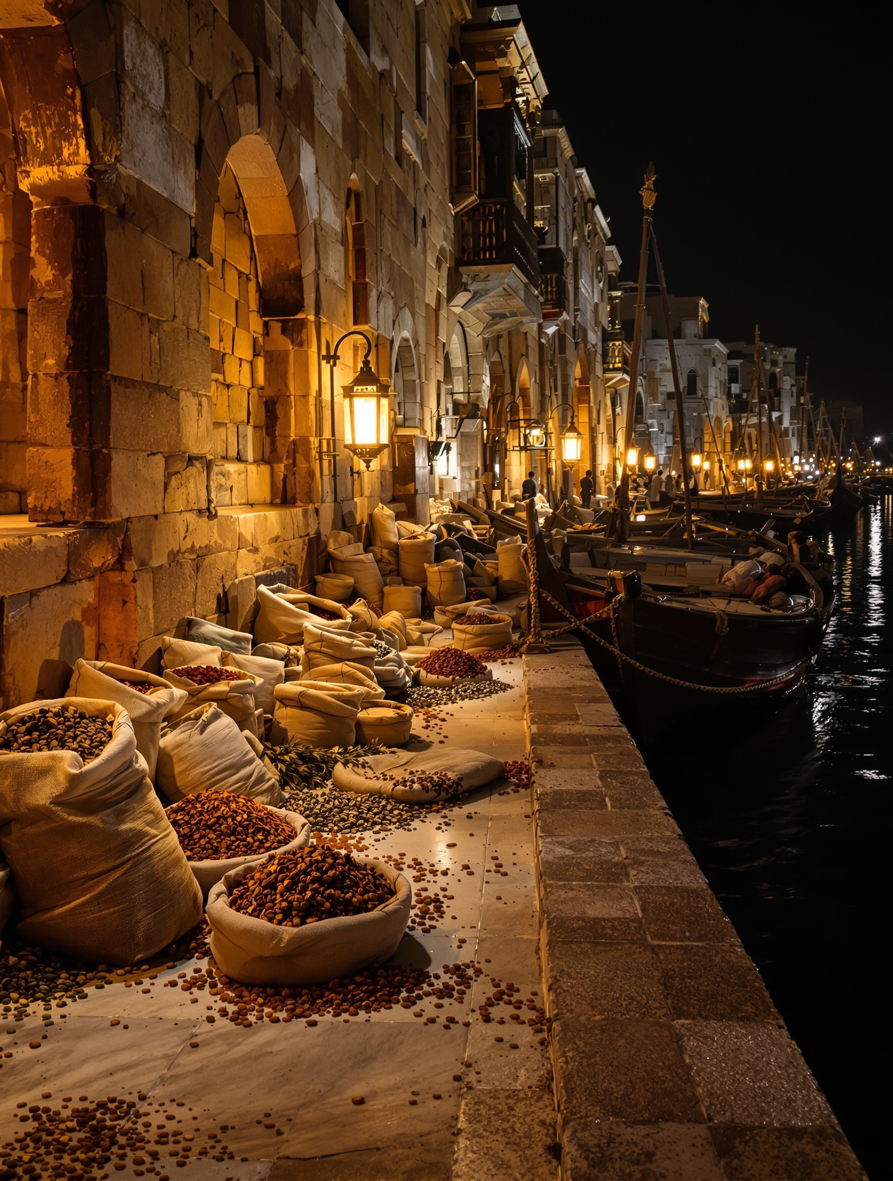 Alexandria 2 Anniversary by Xerjoff evoked as a lantern-lit ancient harbor quay at dusk, spice sacks open on dark marble.