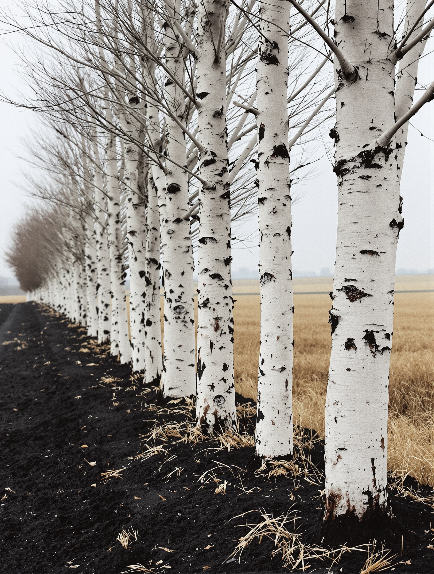 A row of birch trees divides scorched dark earth from pale dry grassland under flat overcast winter light, their naturally mottled bark soft and photographic.