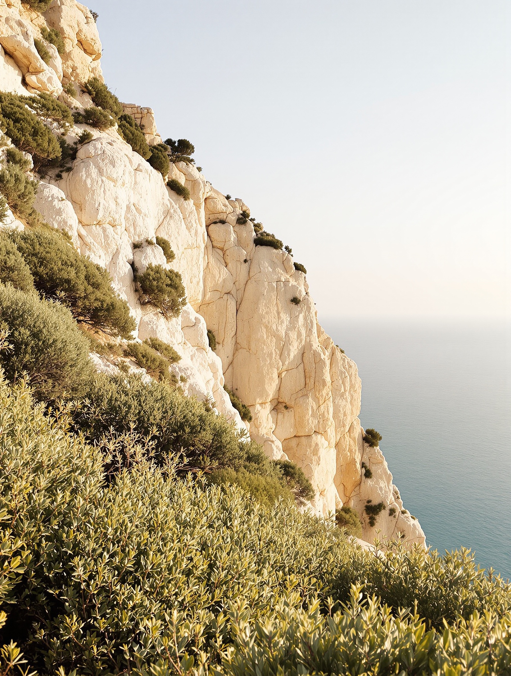A wide morning shot of garrigue scrubland on white limestone cliffs above a silver Mediterranean sea, evoking the open-horizon soul of Roja Oceania.