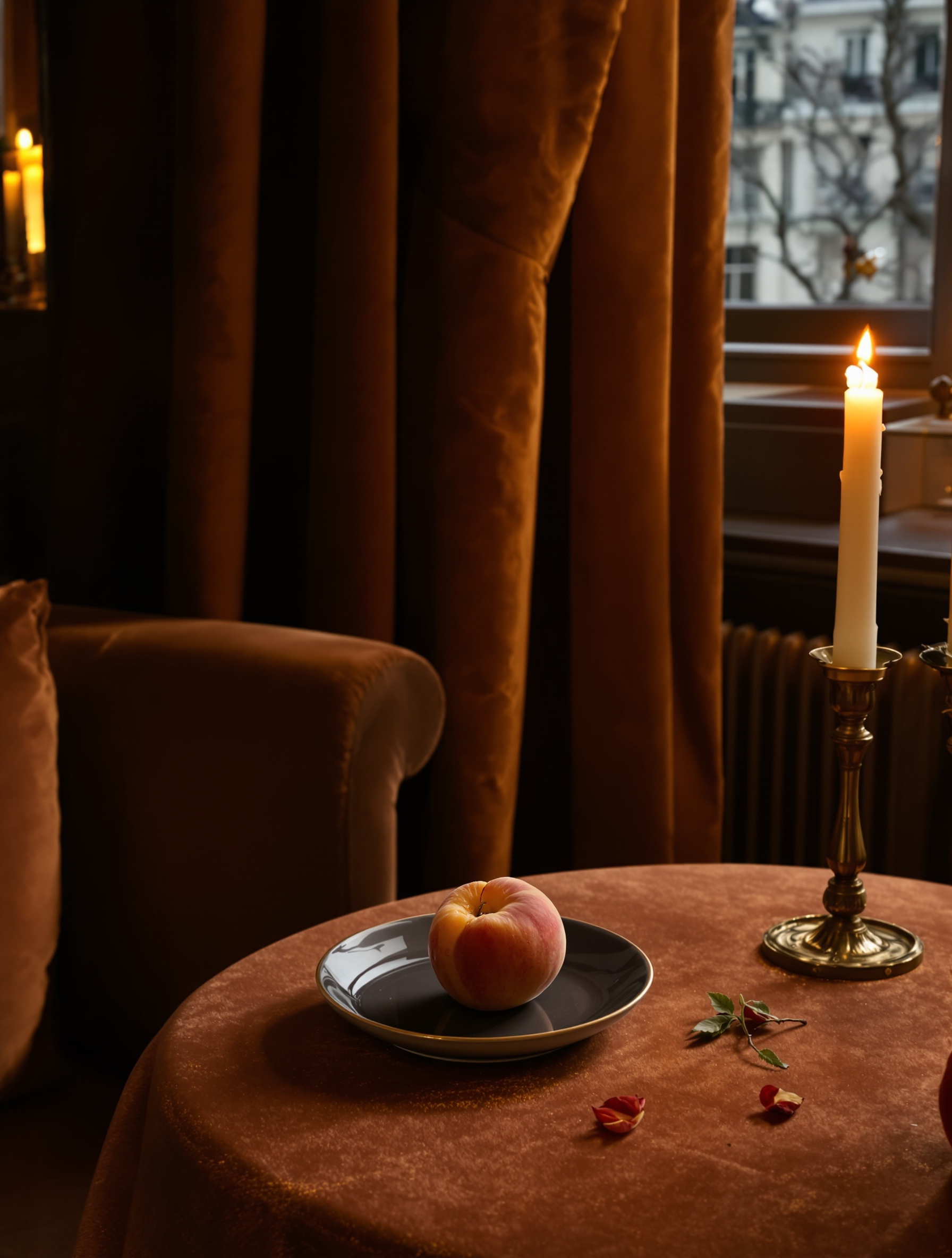 A candlelit amber salon interior evoking Roja Enigma parfum, a bruised peach and heliotrope petals on a dark table in a warm, recently vacated room.