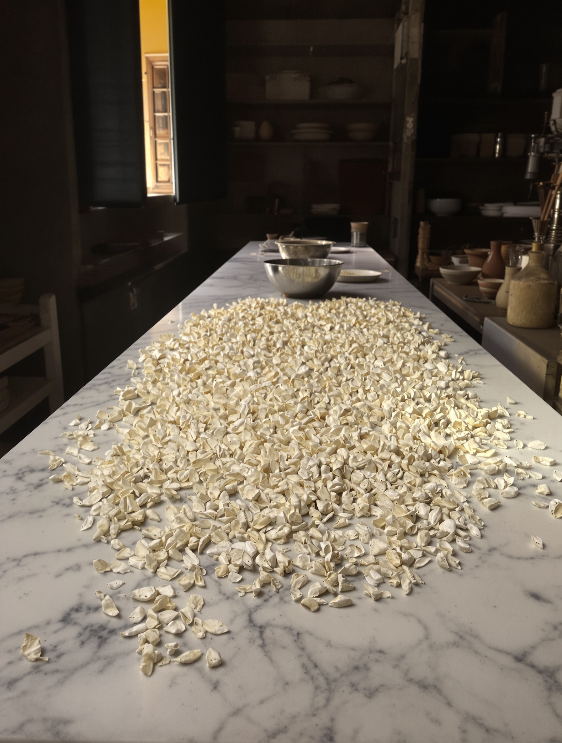 Orris roots drying on marble in a dim Florentine workroom, soft amber afternoon light, evoking the powdered skin-warmth of Roja Enigma parfum.