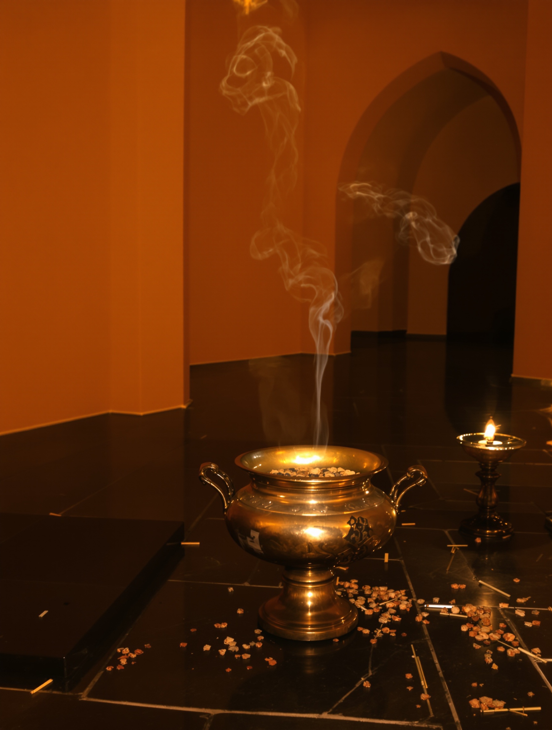 A smoking brass mabkhara in a candlelit traditional interior evokes the sacred ceremonial world of The Moon.