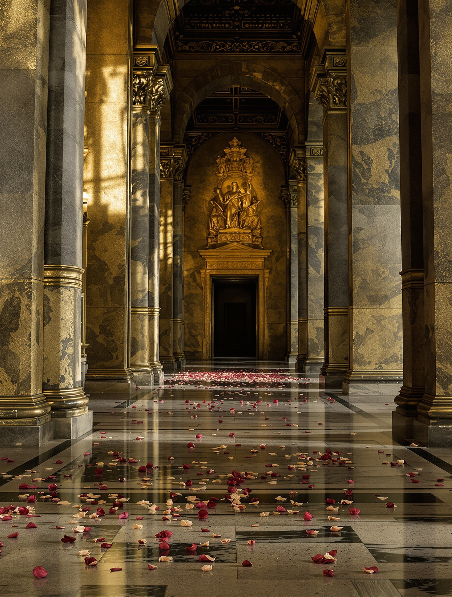 Alexandria 2 Anniversary by Xerjoff evoked as the torchlit stone throne room of a vanished empire, rose petals scattered across ancient floor.