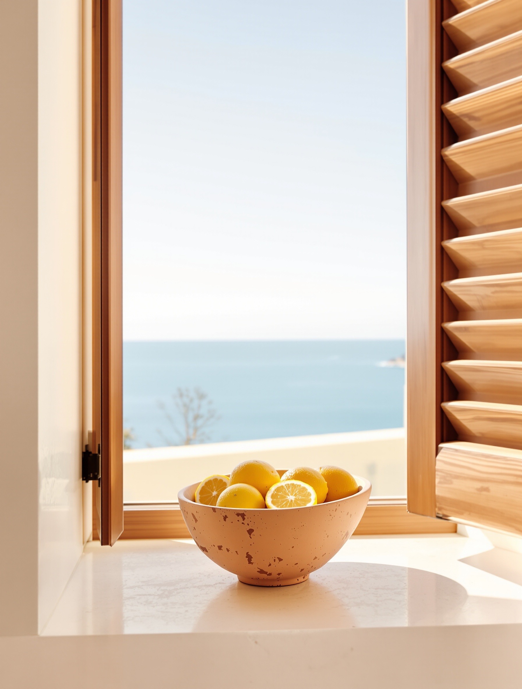 A terracotta bowl of halved citrus on a stone windowsill open to blue Mediterranean sky, a still-life image for Roja Oceania.