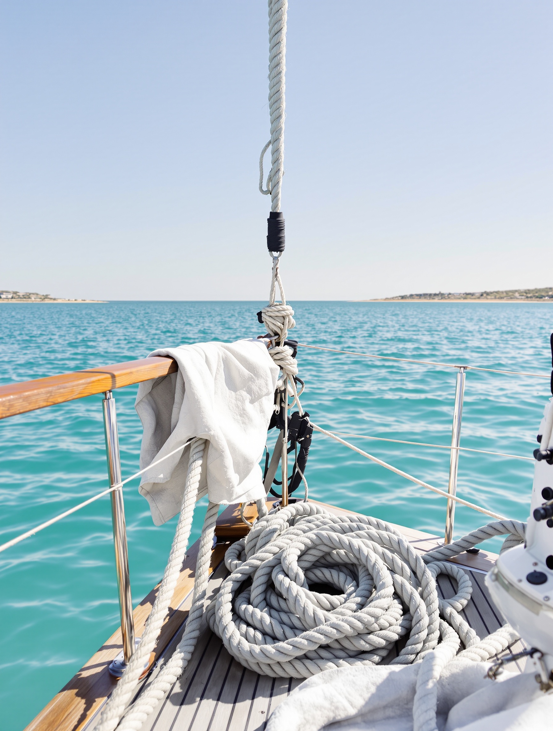 An empty sailboat deck at morning anchor over still pale water, evoking the civilised coastal escapism of Roja Oceania.