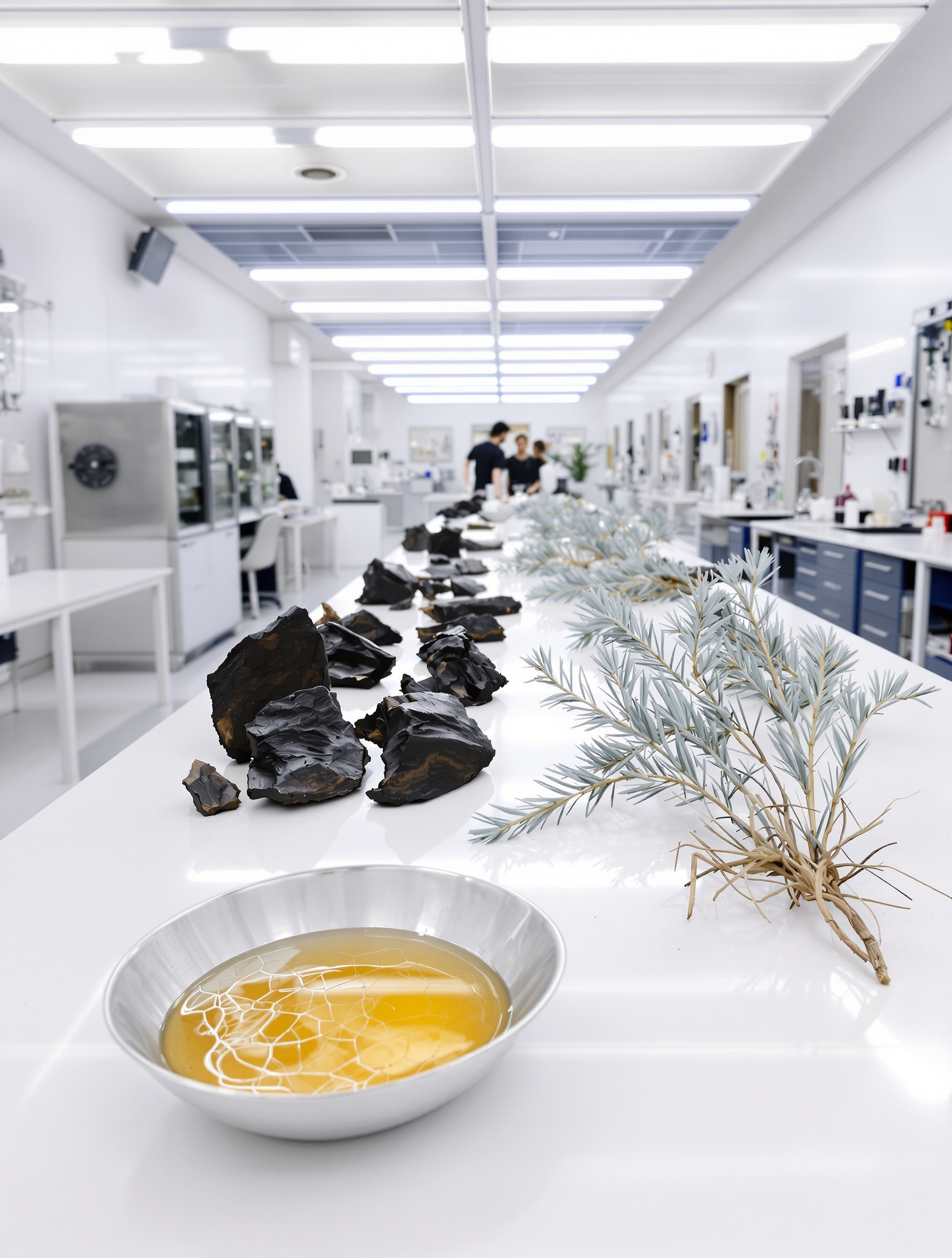 Raw agarwood chunks and pressed fir boughs on a white stone table, evoking Initio Oud for Greatness.