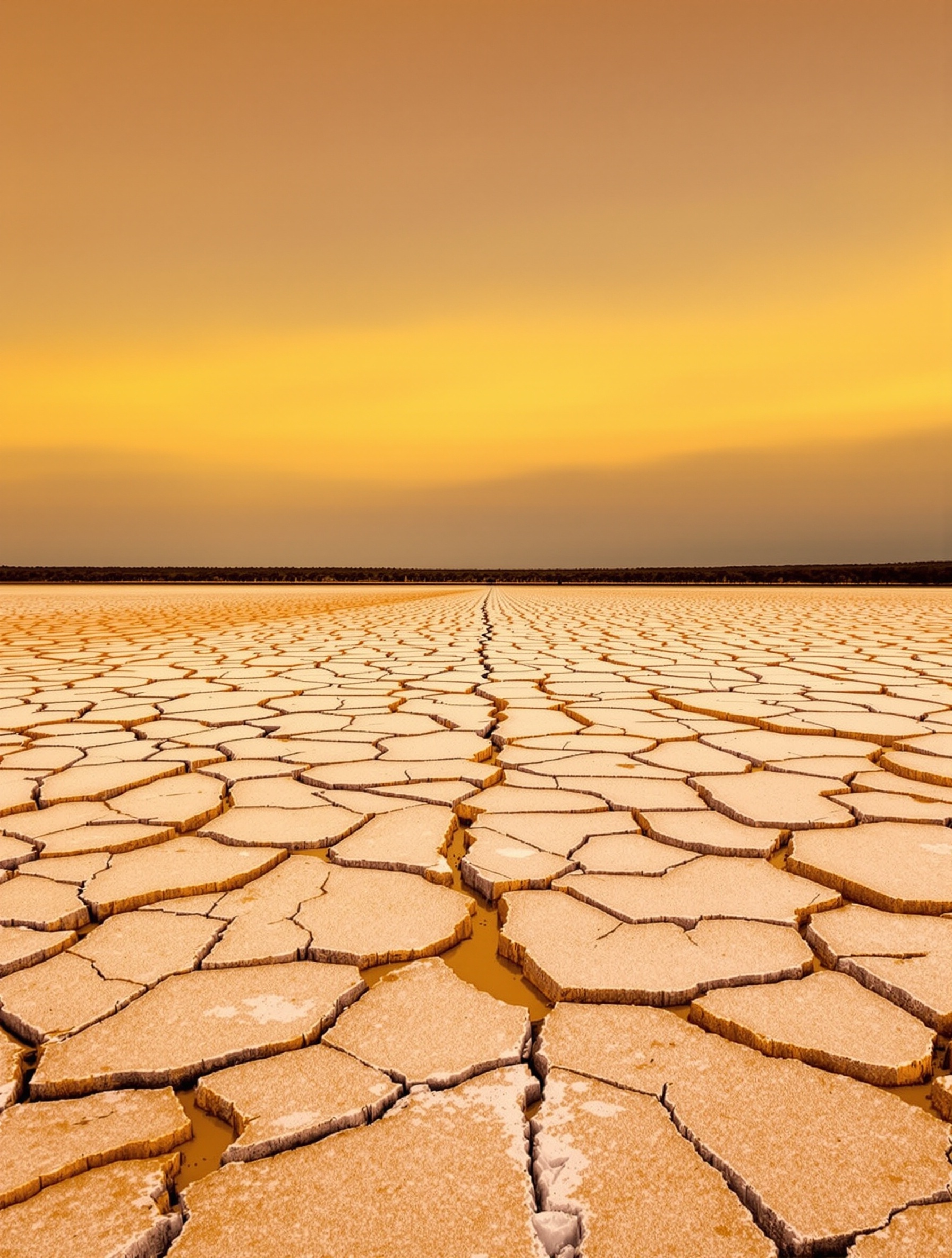 A cracked salt flat ancient track leading toward a dark treeline at last light, the landscape of Amouage Outlands.