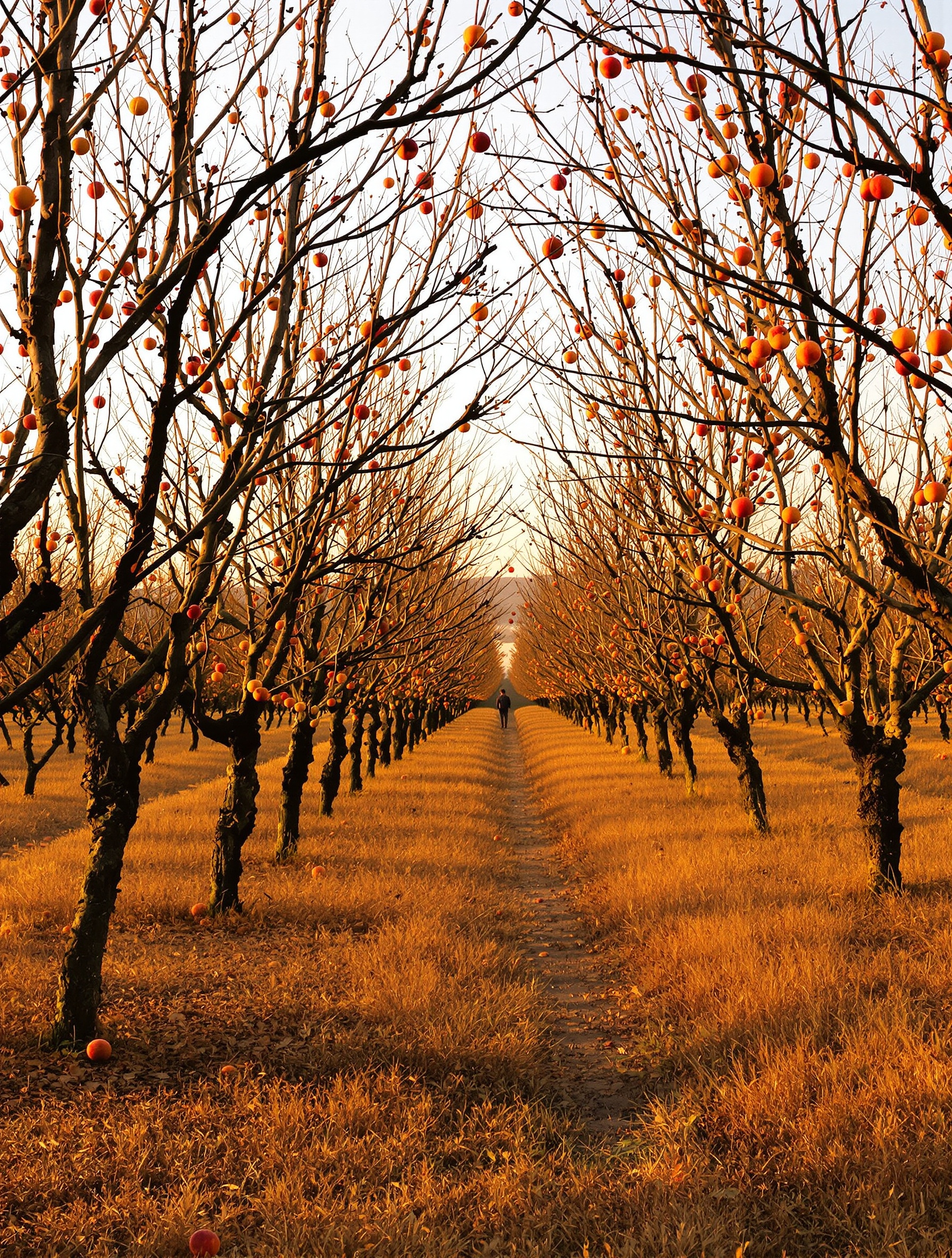 A golden-hour October peach orchard with overripe fruit on dark branches and ochre grass, the warm light and bruised palette of Roja Enigma parfum.