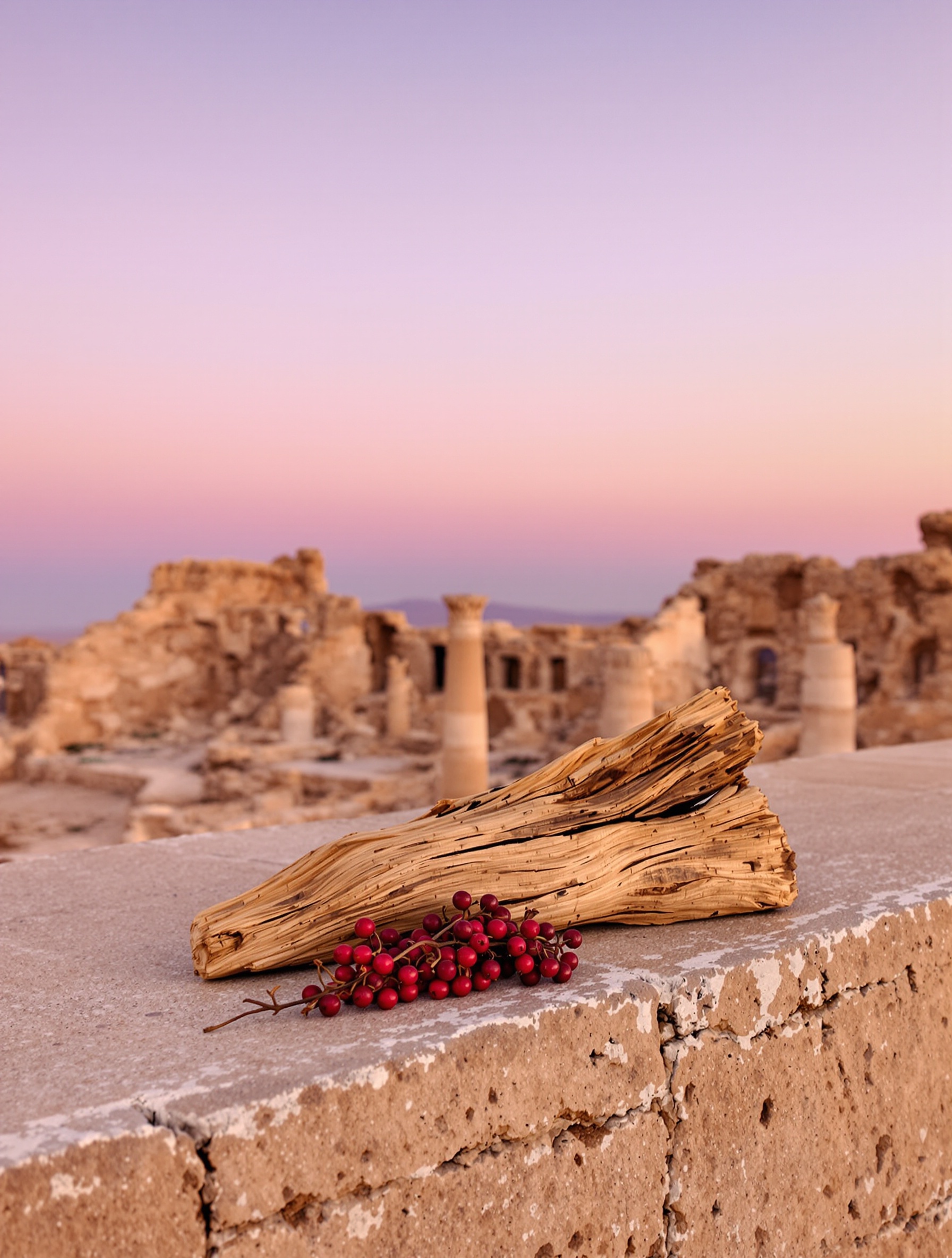 Raw agarwood and dried red berries rest on ancient desert stonework in this landscape scene from The Moon's editorial world.