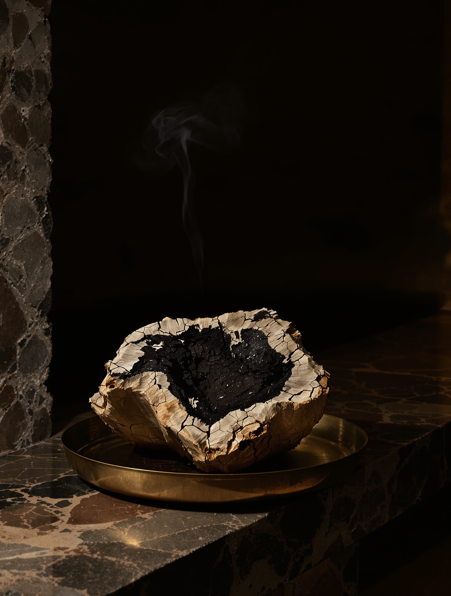 Alexandria 2 Anniversary by Xerjoff evoked as raw agarwood heartwood resting in a brass tray inside a dim stone chamber.