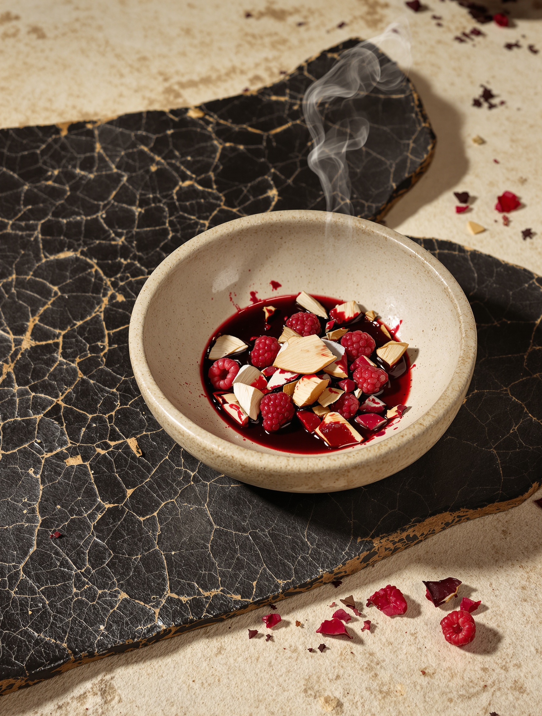 Frankincense resin, split red berries, and smoldering oud in a stone bowl capture the raw material soul of The Moon.