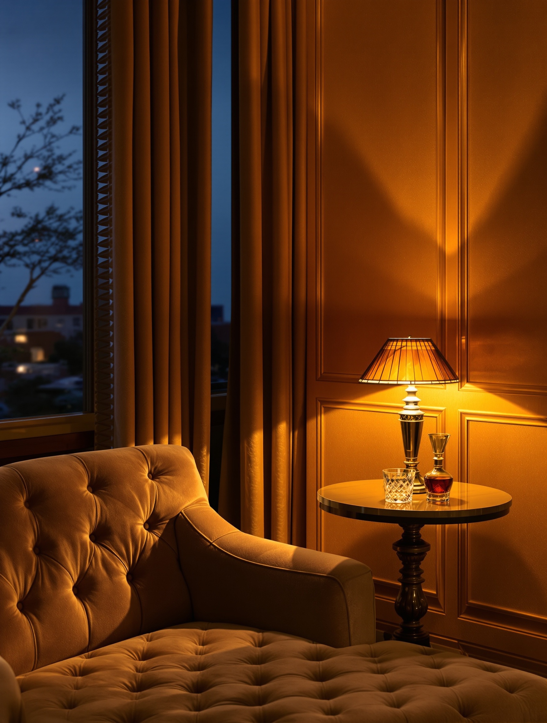 A golden Art Deco interior at dusk evoking the enveloping warmth of Blond Amber by Clive Christian.
