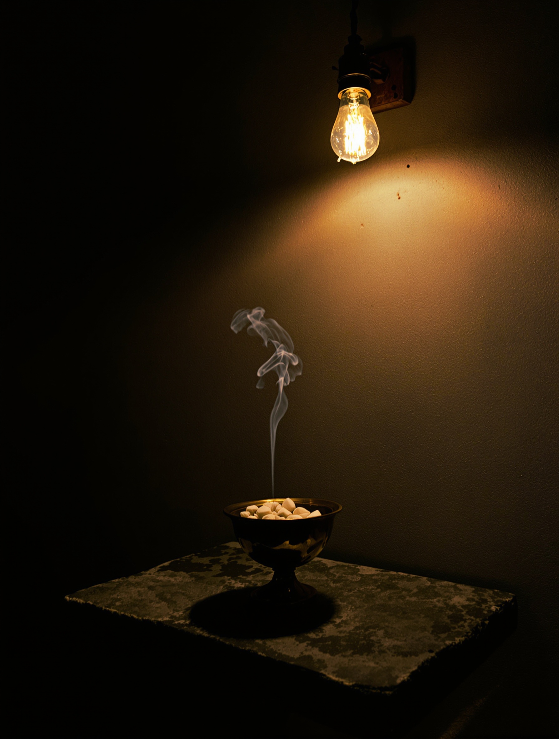 A candid film photograph of a brass incense brazier on a worn stone slab, thin uneven smoke rising under a bare tungsten bulb in a dim concrete room.
