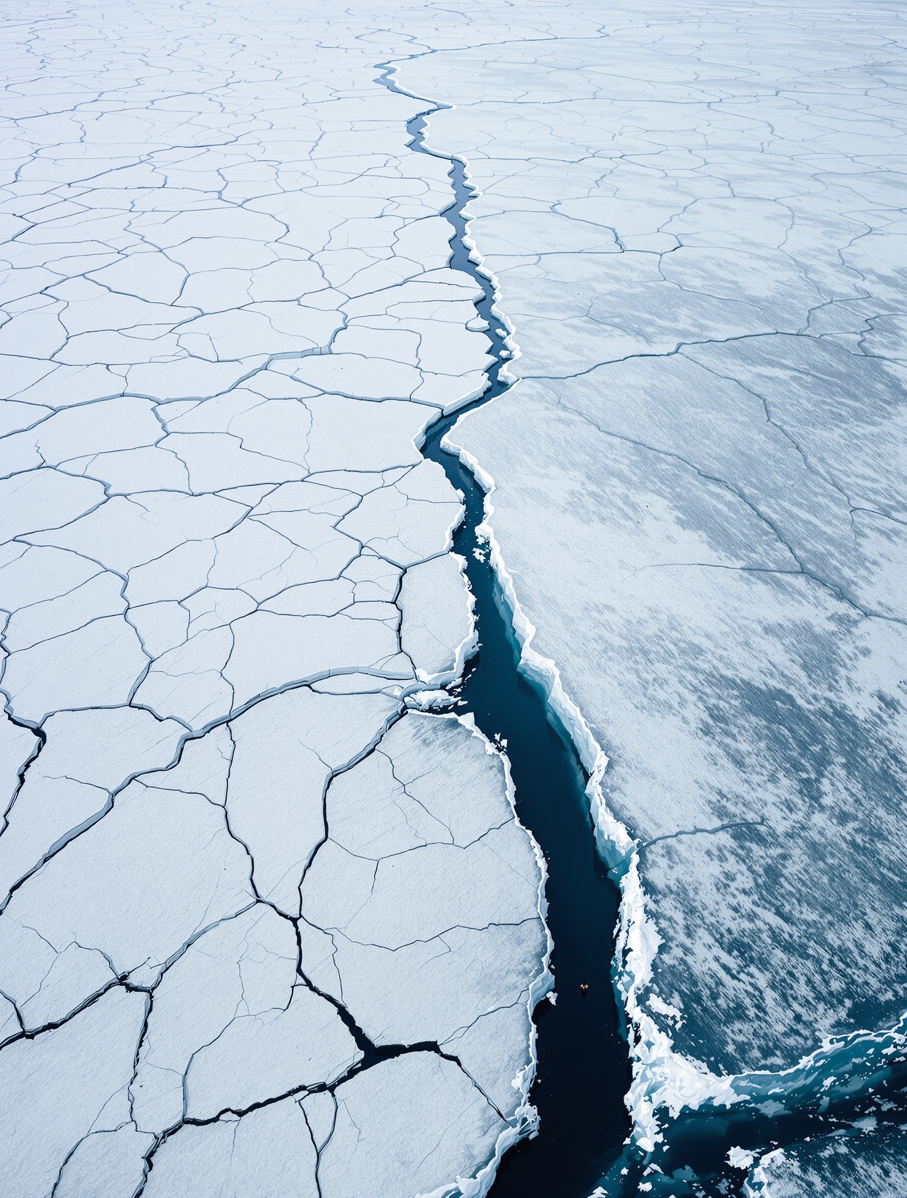 A cracked glacial ice surface over dark water evoking the sealed subsurface ocean of Ganymede fragrance.