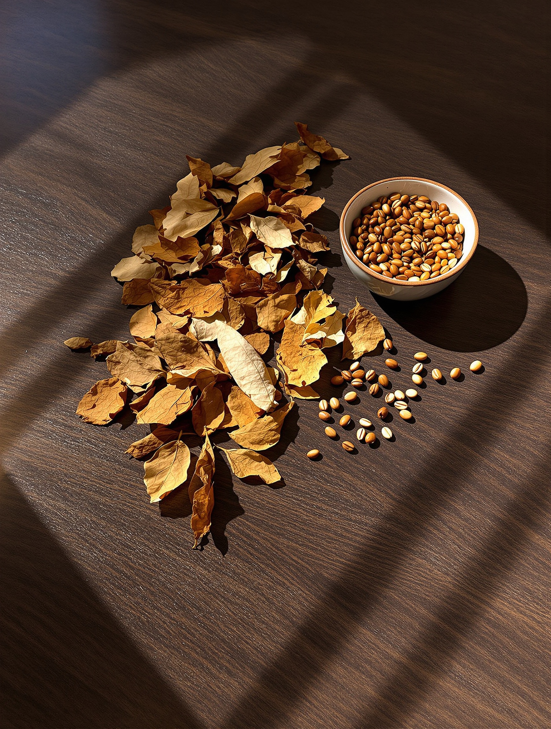 Blonde tobacco leaf and raw amber resin on dark polished wood, the material heart of Blond Amber.
