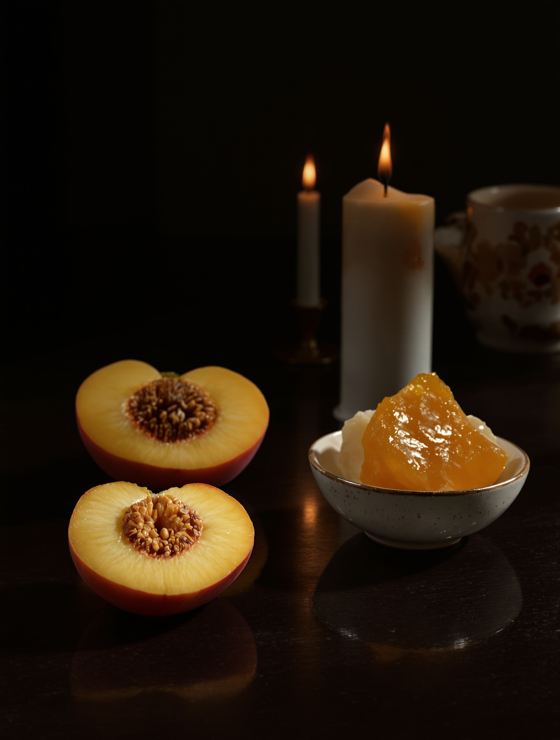 Two halved peaches and a dish of rough amber resin rest on a dark lacquered table in warm candlelight, photographed wide with a natural, editorial calm.