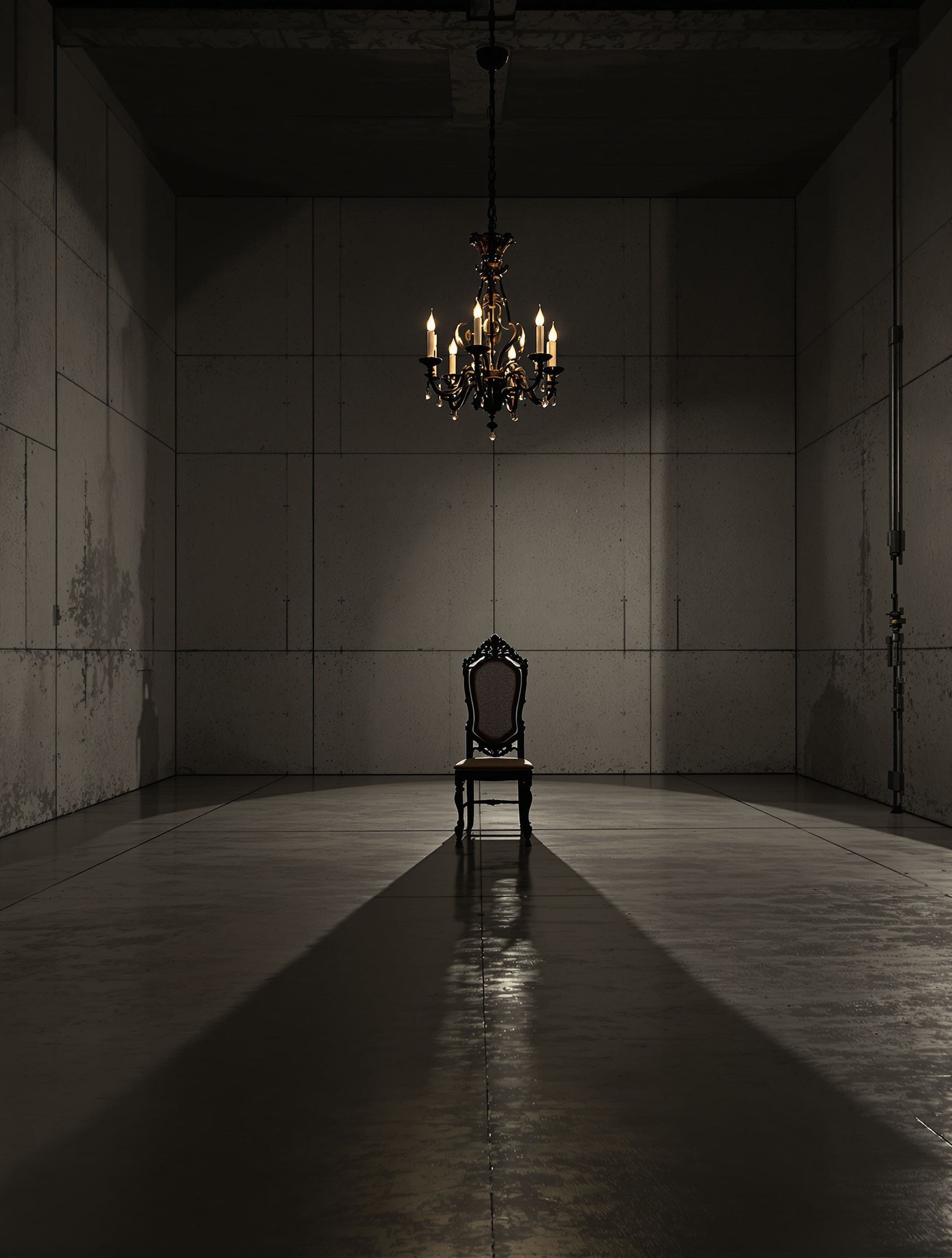 A candlelit concrete hall with a lone dark throne and its long shadow, capturing the theatrical dominance of Oud for Greatness.