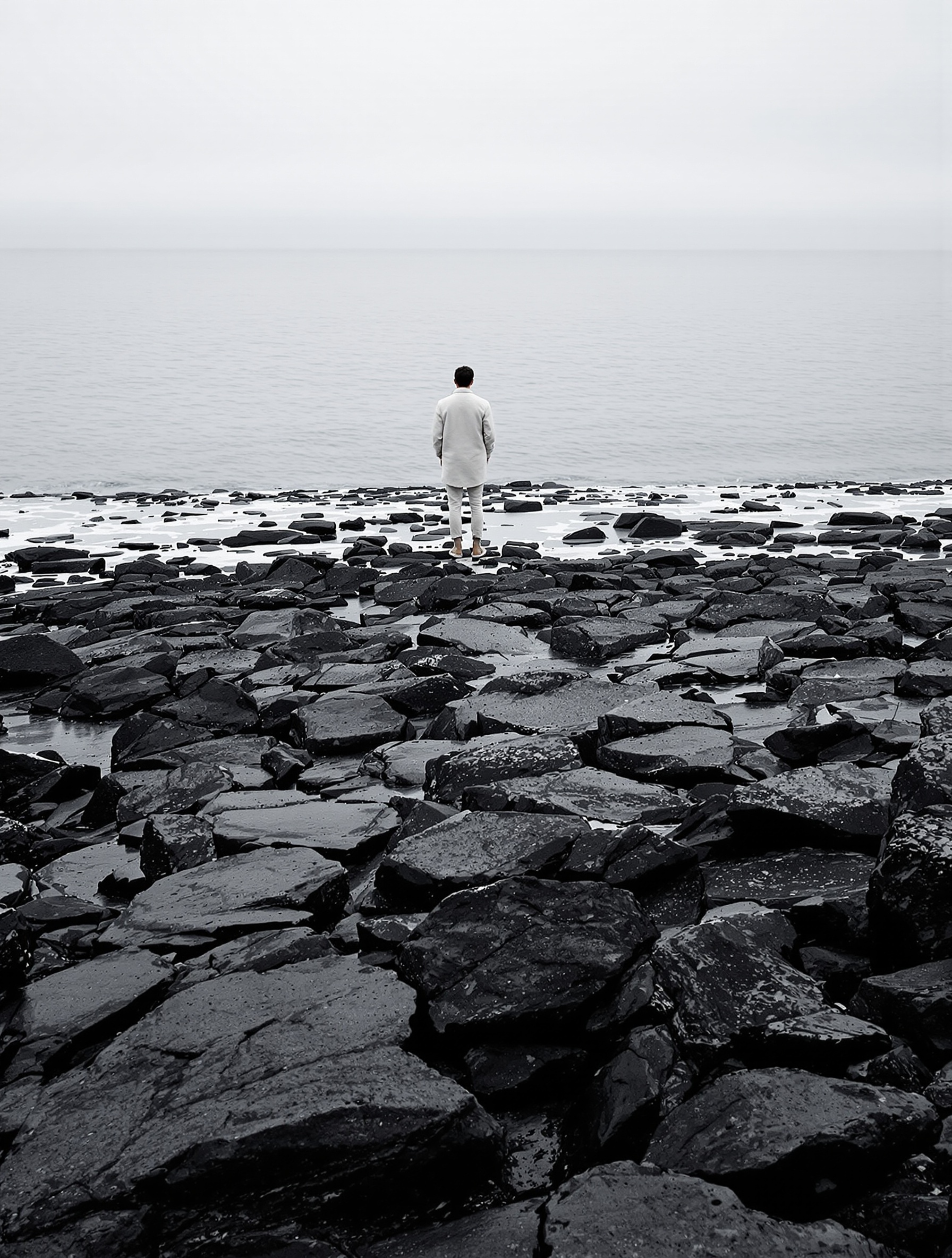 A cold volcanic shoreline at pre-dawn evoking the mineral solitude of Ganymede by Marc Antoine Barrois.