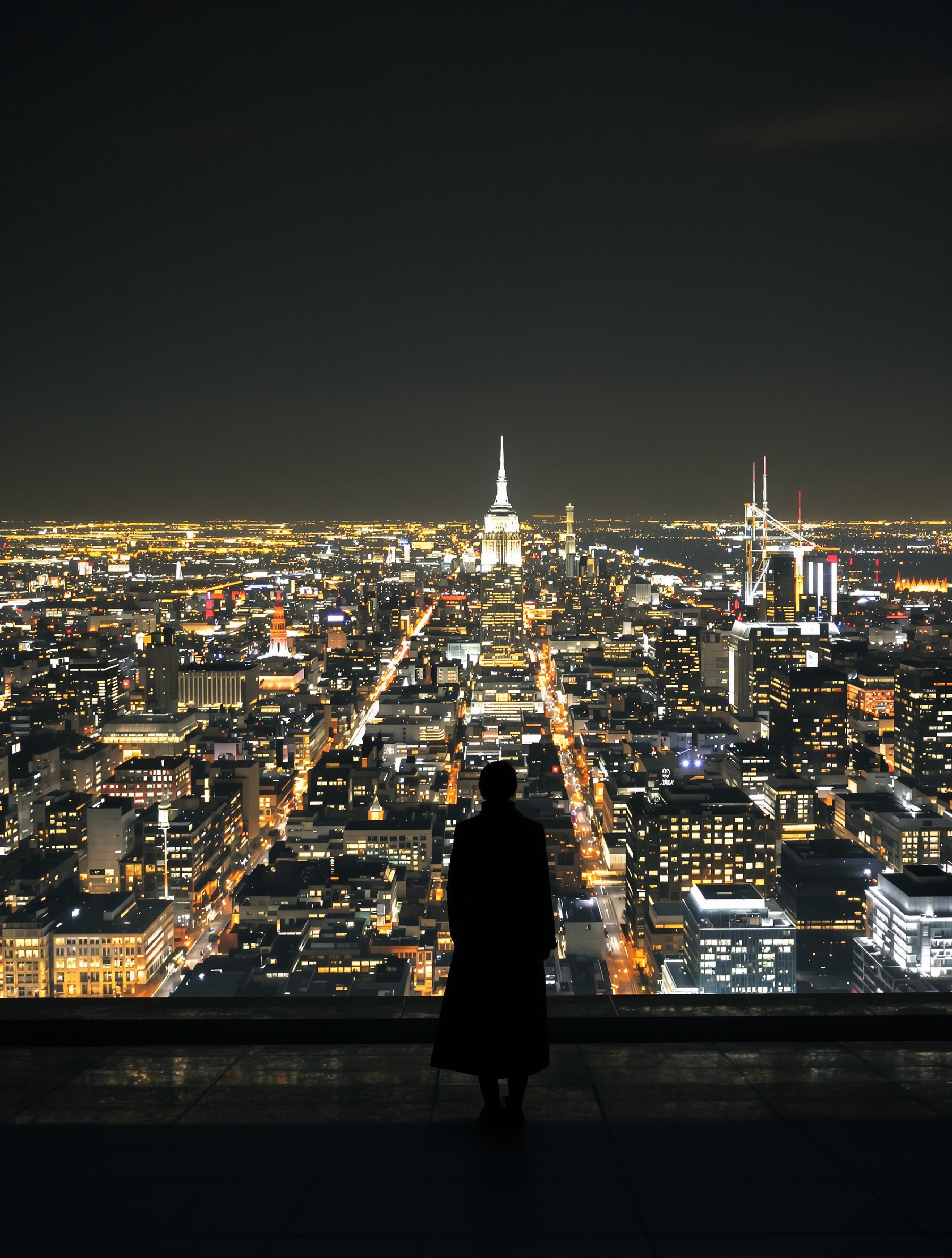 A solitary distant figure on a dark rooftop overlooking a glowing night city, embodying the declarative presence of Oud for Greatness.